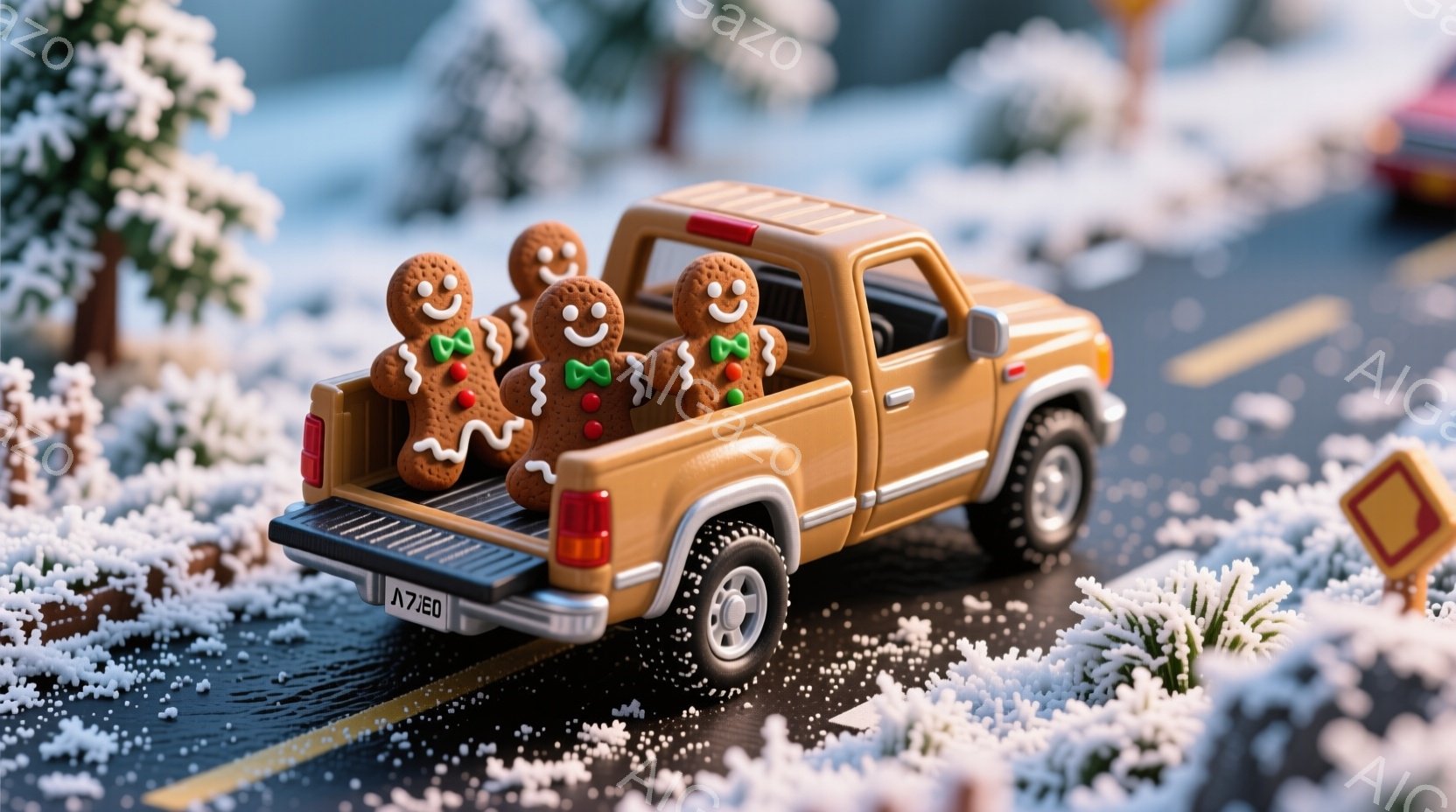 ミニチュアの黄色いピックアップトラックの荷台に、ジンジャーブレッドマンたちが乗っています。彼らは緑のリボンで飾り付けられ、皆笑顔で楽しそうに立っています。背景には雪で覆われた道路と、小さな木々や標識が - AI生成フリー素材