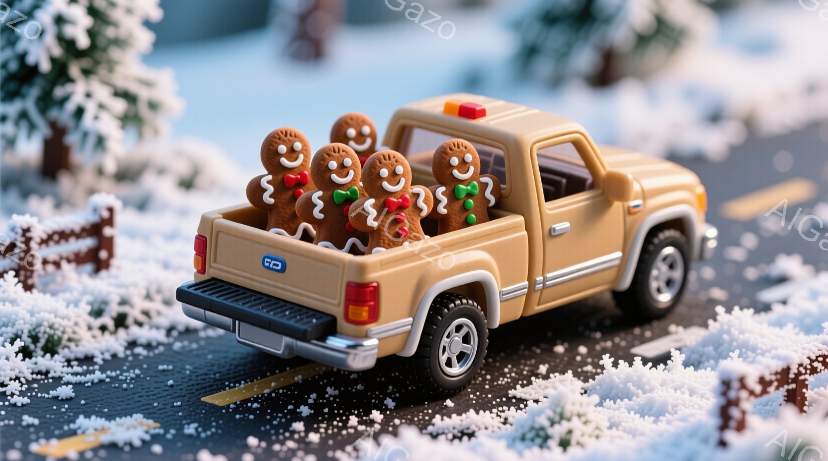 茶色のピックアップトラックの荷台に、ジンジャーブレッドマンたちが密集して乗っています。背景には雪景色が広がり、小さな木々や雪で覆われた地面が確認できます。全体的に暖かく、おとぎ話のようなクリスマスの雰 - AI生成フリー素材