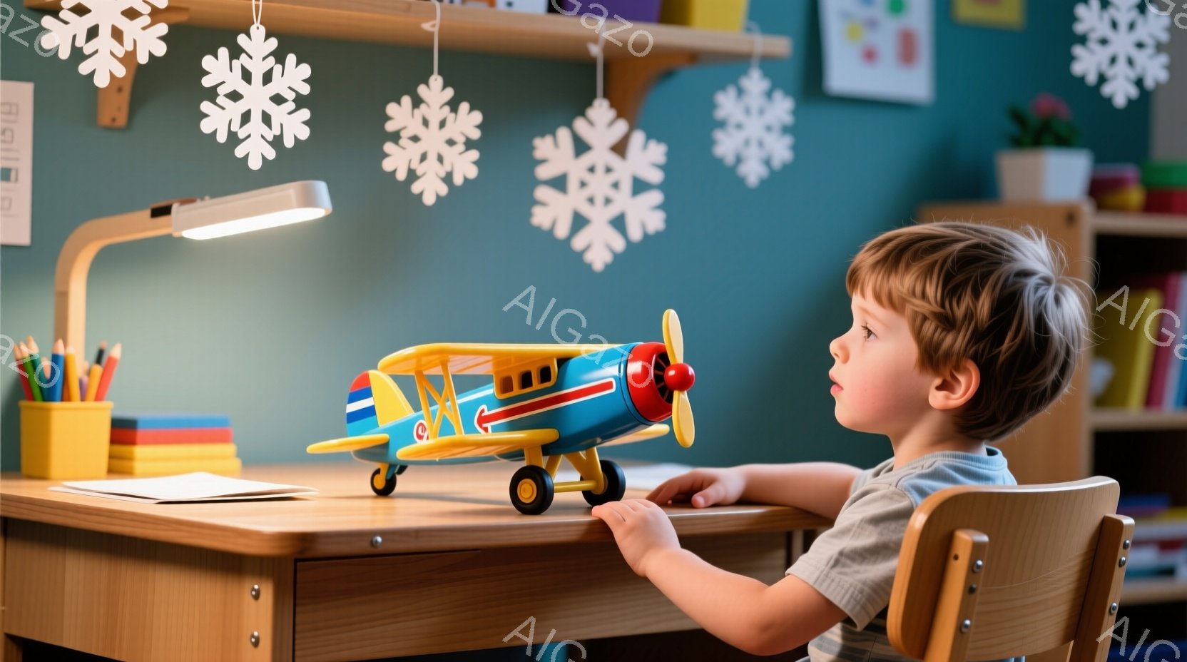 茶髪の少年が木製の椅子に座り、テーブルに置かれた赤い水色の双発機のおもちゃの飛行機を見つめています。少年は白いＴシャツを着ており、集中した表情で、わずかに体を乗り出して飛行機に注目しています。背景には - AI生成フリー素材