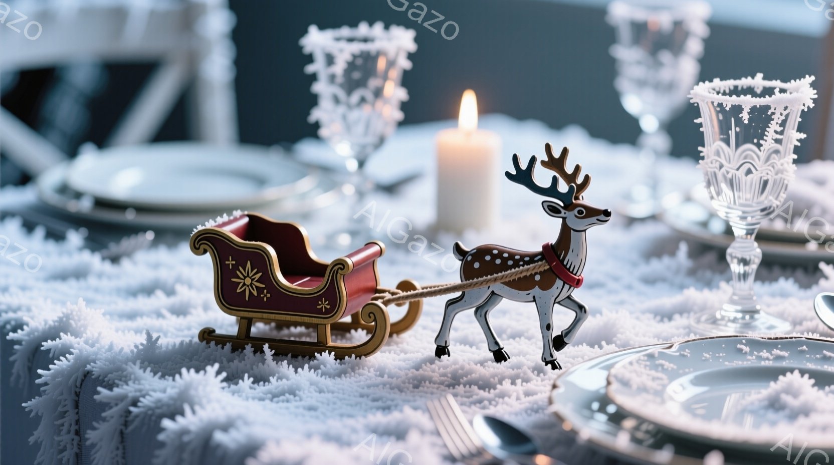 テーブルの上には、白い雪のような装飾の上に、赤いそりのおもちゃと、それを引くトナカイの置物が置かれています。背後には、クリスマスのディナーセットの一部である食器やグラスが配置され、温かい光を放つキャン - AI生成フリー素材