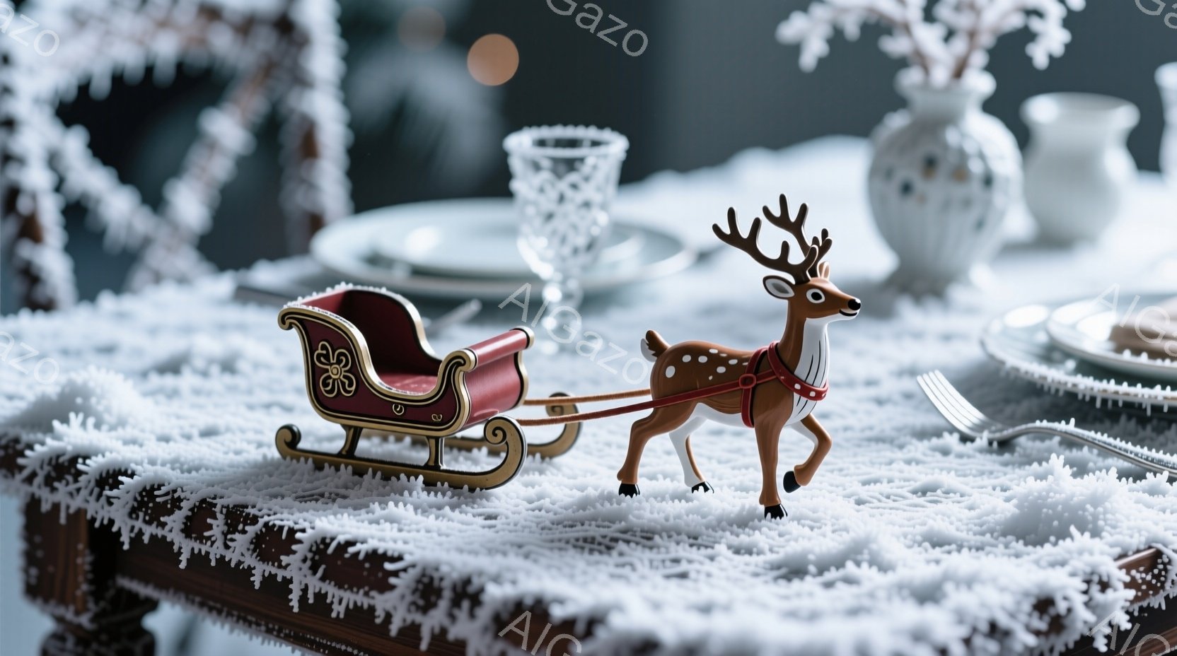 テーブルの上には、小さなそりが置かれ、茶色のトナカイがそれに繋がれています。テーブルクロスは雪のような白いテクスチャで覆われ、背後にはぼやけたクリスマスの装飾や食器が見えます。全体的に、暖かく穏やかな - AI生成フリー素材