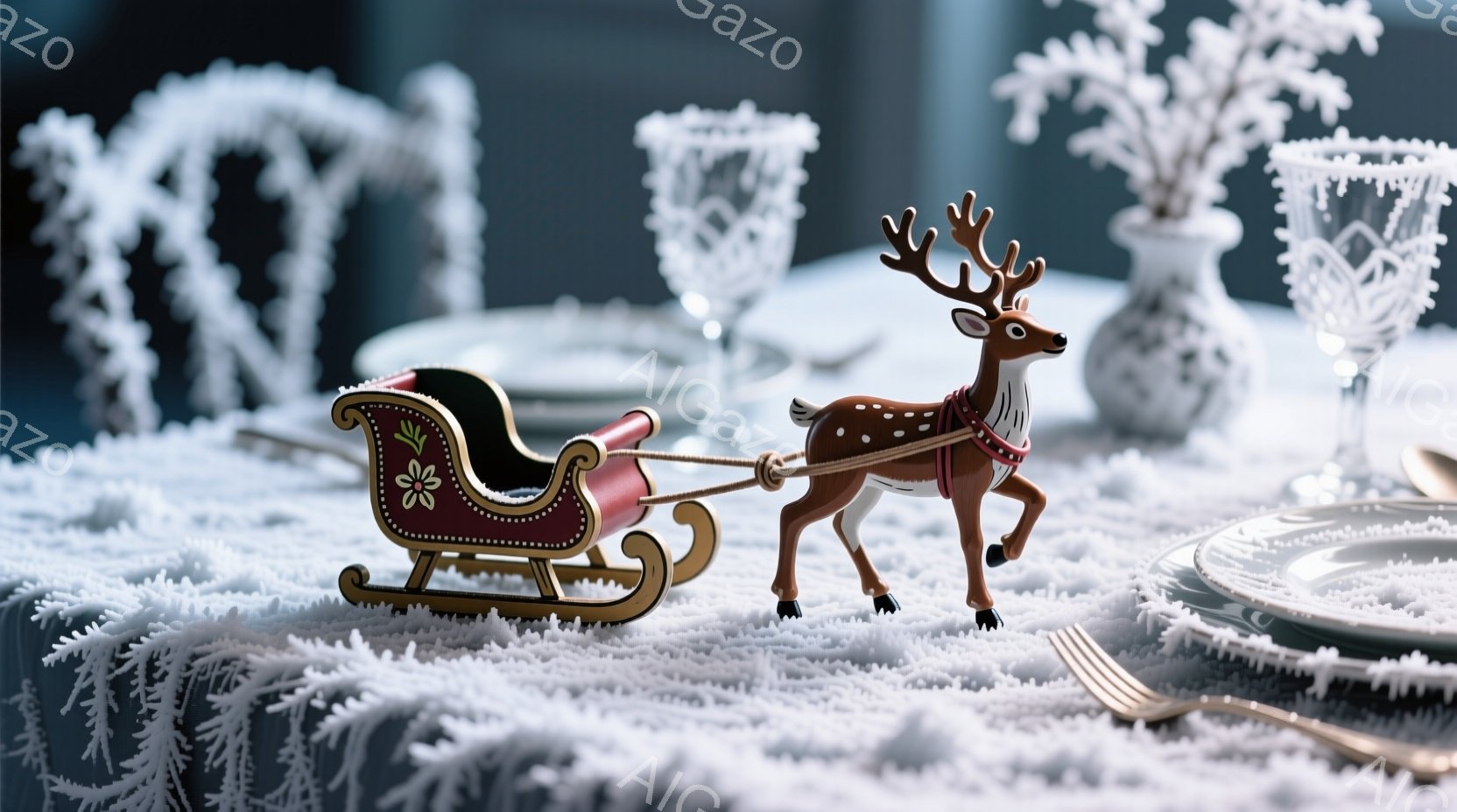 テーブルセッティングの上に、小さなそりの置物が飾られています。そりは金色の装飾が施され、鹿の置物が引いており、テーブルクロスは雪のような白い模様で覆われています。背景には、ぼやけたガラス製品が並び、全体的に冬の暖かく華やかな食卓の雰囲気が漂っています。