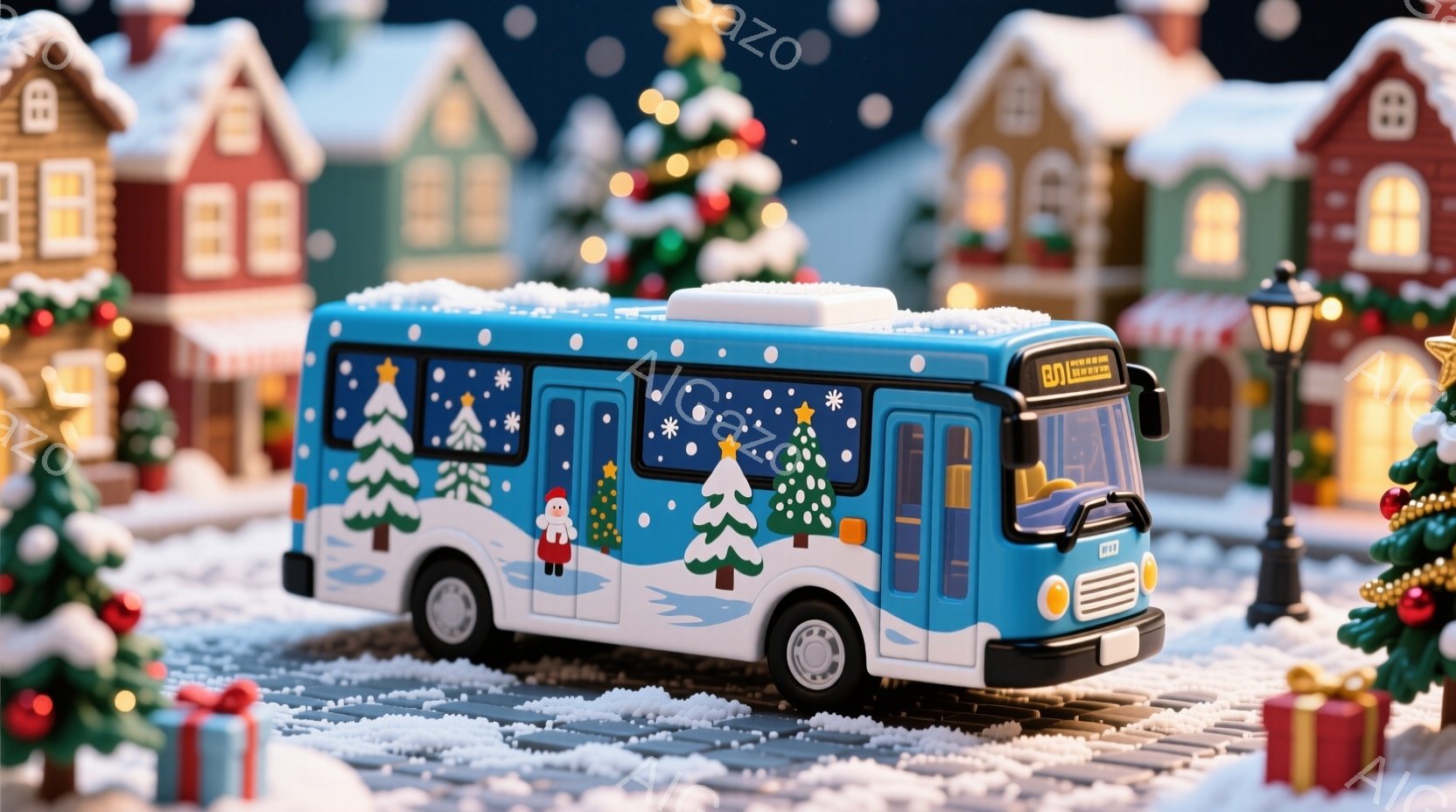 雪が降る夜のクリスマスタウンを、青いクリスマス柄のミニバスが走っている。背景には、雪化粧された屋根の可愛らしい家々が並び、クリスマスツリーが飾られている。ミニバスはホリデーシーズンを祝う、温かく、お祝 - AI生成フリー素材