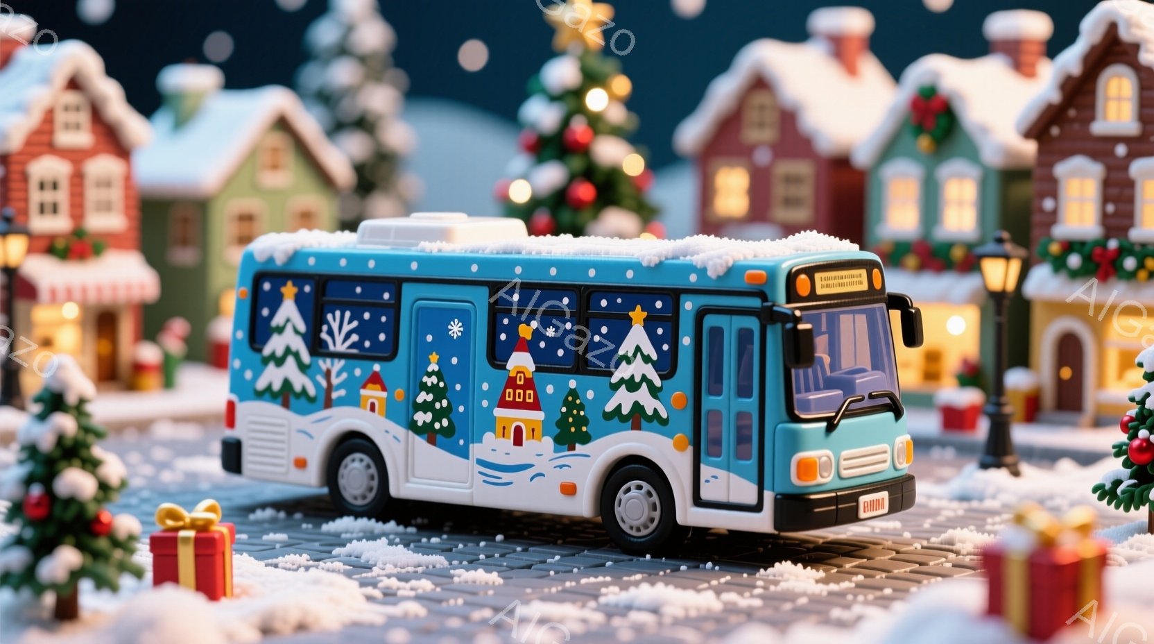 雪景色の中に、クリスマスをテーマにした可愛らしいミニチュアのバスが描かれています。バスは青と白を基調とし、クリスマスツリーや雪の結晶などの装飾が施されており、周囲にはプレゼントの箱やクリスマスツリーが - AI生成フリー素材