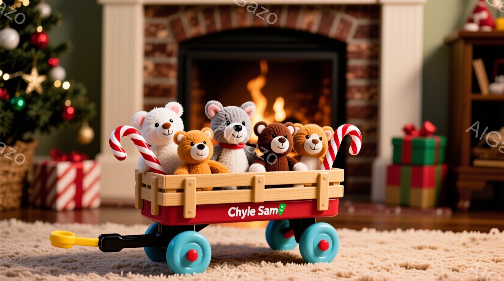 赤いワゴンの中に、様々な色のテディベアたちが並んで座っており、それぞれがクリスマスの杖のキャンディーを持っている。背景には、プレゼントの山と暖炉があり、温かく居心地の良いクリスマスの雰囲気を醸し出して - AI生成フリー素材