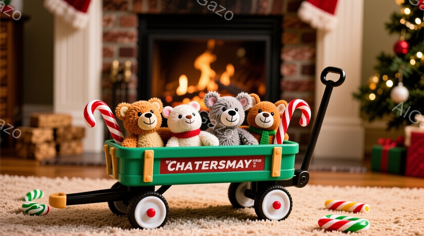 緑色の小さなワゴンの中に、可愛らしいテディベアたちが並んでいます。それぞれのベアは異なる色の服を着ており、赤と白のキャンディケーンを持っています。背景には暖炉とクリスマスツリーが見え、温かく幸せなホリ - AI生成フリー素材
