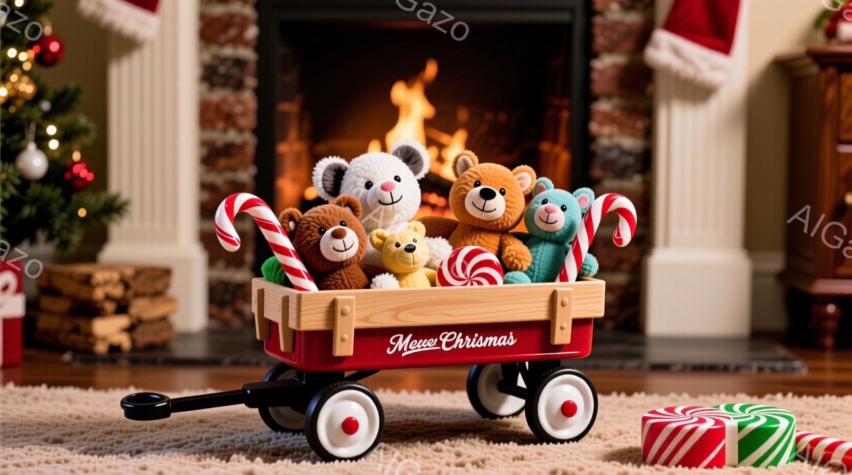 赤いワゴンの中に、様々な色のテディベアがぎっしりと詰まっており、その周りにはキャンディケーンや緑と赤の包装紙で包まれたプレゼントが置かれている。背景には暖炉があり、炎が燃え盛っているのが見える。全体的 - AI生成フリー素材