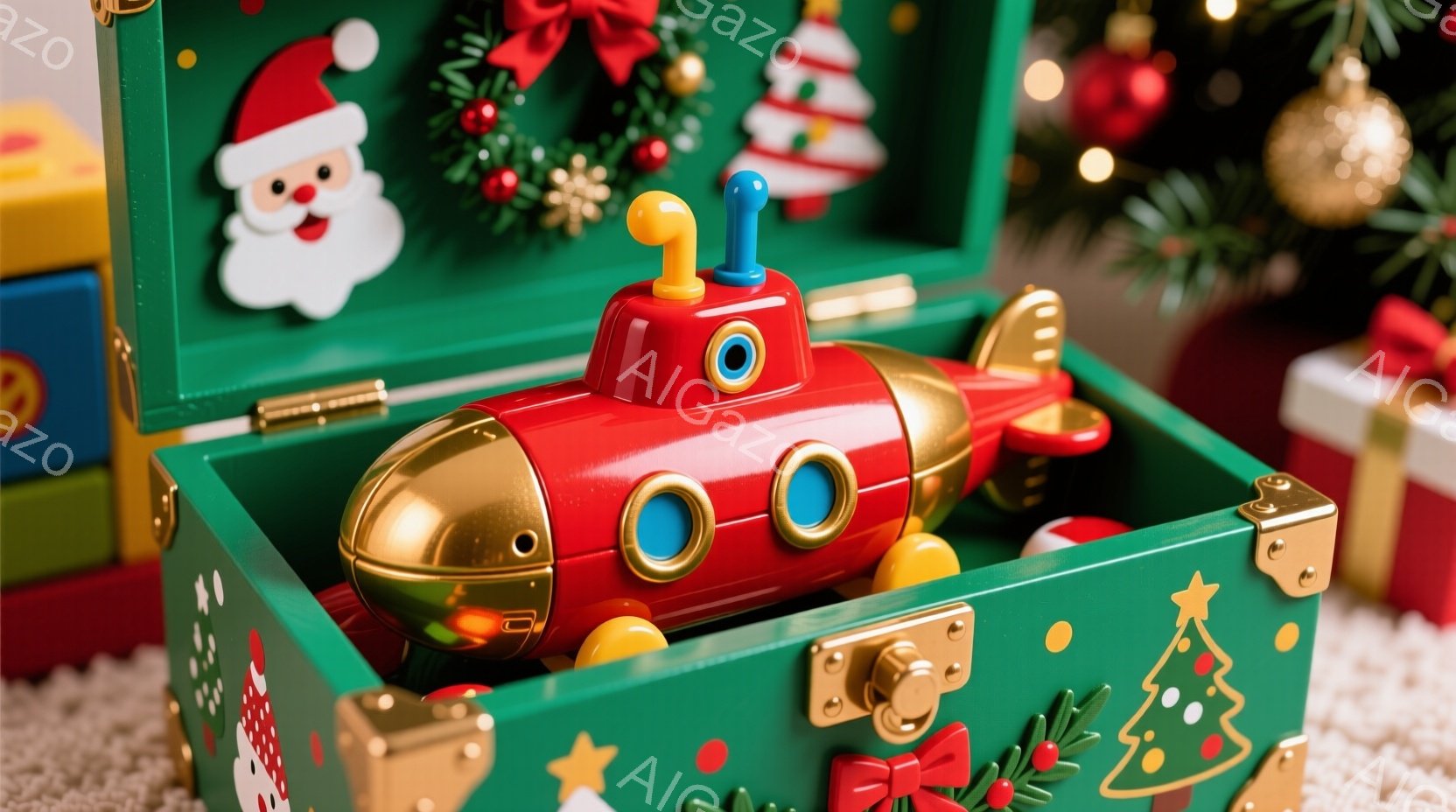 赤い潜水艦のおもちゃが、クリスマス柄の箱の中に置かれています。箱は緑色を基調とし、サンタクロースの絵やリボン、クリスマスツリーのイラストが描かれており、金色の装飾がアクセントになっています。背景には、 - AI生成フリー素材