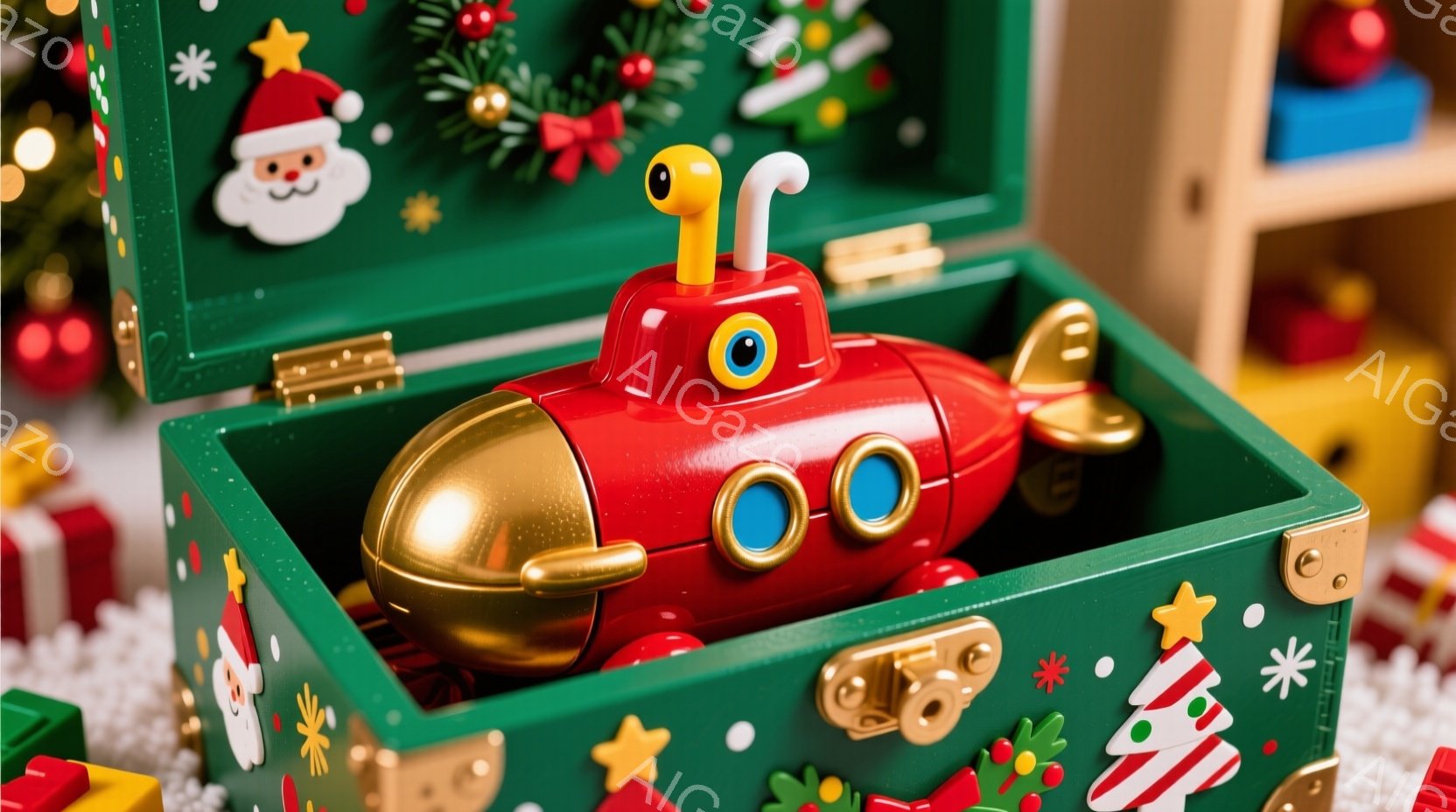 赤いおもちゃの潜水艦が、緑色の宝箱の中に置かれています。宝箱はクリスマスをテーマにした装飾が施されており、雪の結晶やキャンディケーン、サンタクロースの絵が描かれています。背景には、カラフルな積み木やク - AI生成フリー素材