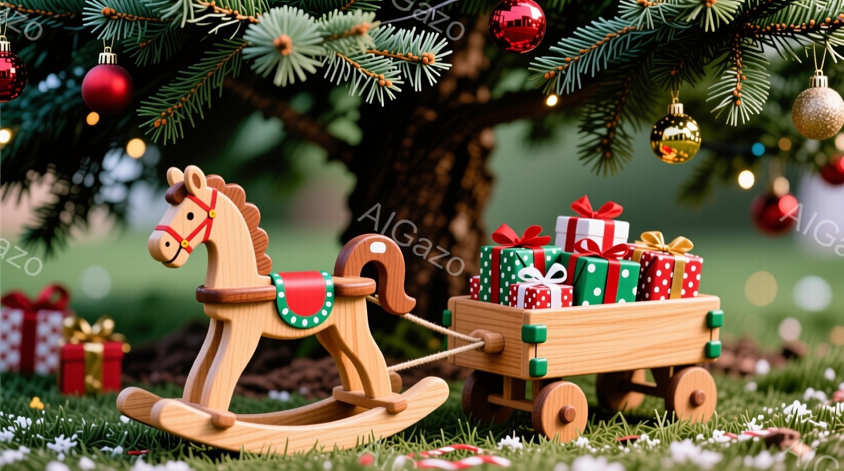 クリスマスツリーの足元に、木製のロッキングホースとワゴンが置かれています。ワゴンには、リボンで飾られたプレゼントがいくつか積まれ、ロッキングホースが引いている様子が描かれています。背景は緑豊かな自然で、キラキラと輝くオーナメントが飾られたクリスマスツリーが、温かく幸せな雰囲気を演出しています。