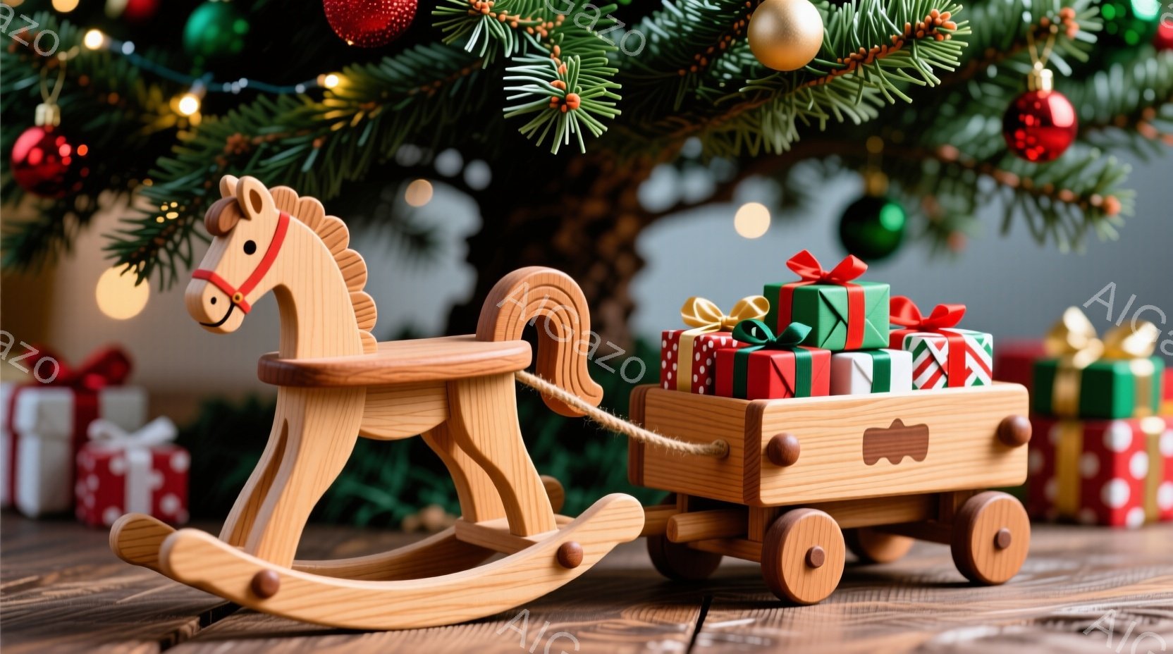 木製のロッキングホースが、プレゼントの箱を積んだ木製のカートを引いています。背景には、飾り付けられたクリスマスツリーと、赤や緑のリボンで飾られたプレゼントの箱がぼんやりと見え、暖かくお祝いムードが漂っ - AI生成フリー素材