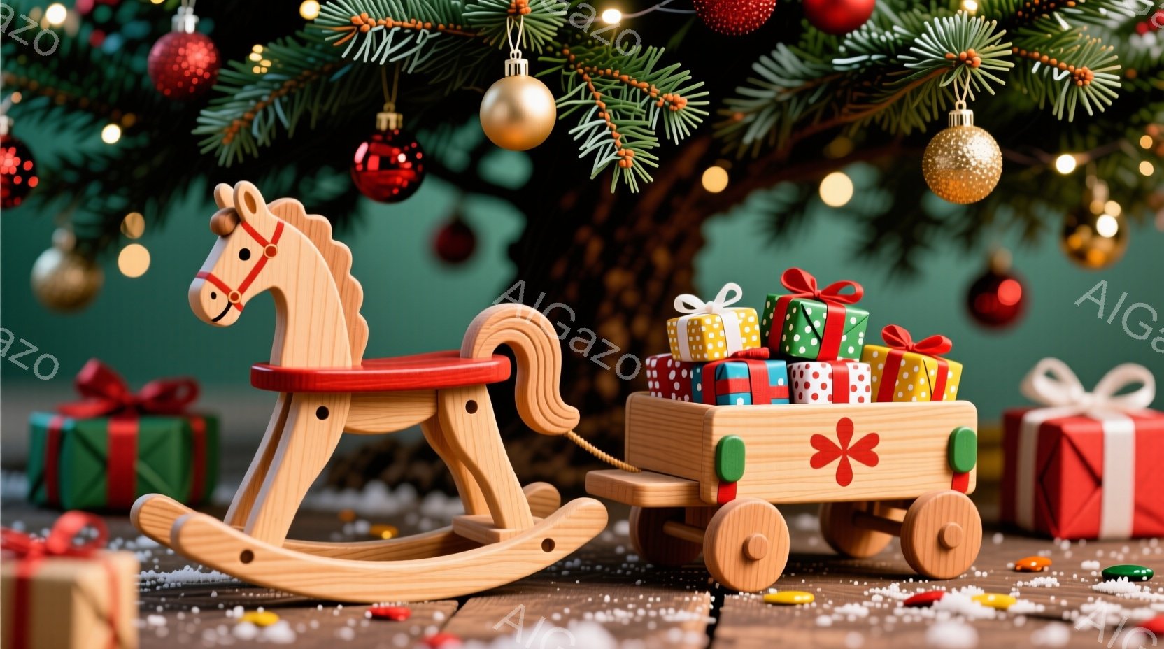 クリスマスツリーの足元には、木製のロッキングホースと、プレゼントを積んだ木製のワゴンが置かれています。プレゼントは緑、赤、青、黄色の包装紙で彩られ、ロッキングホースとワゴンはカラフルな包装紙と雪の散らばる木製の床とのコントラストが美しいです。背景には、オーナメントで飾られた緑のクリスマスツリーがぼんやりと見え、暖かくお祝いムードを醸し出しています。