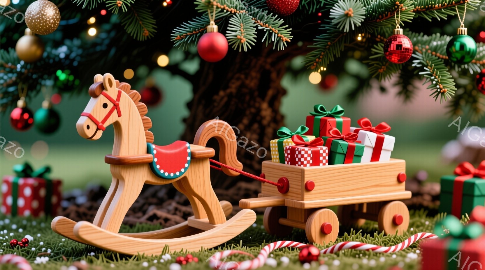 暖炉のそばの緑豊かな背景に、木製のロッキングホースとプレゼントを積んだ木製のワゴンが写っています。ロッキングホースは赤いサドルが付いており、ワゴンにはカラフルなリボンで結ばれた様々なサイズのプレゼント - AI生成フリー素材