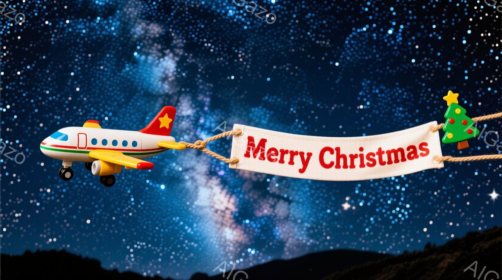 夜空を背景に、赤い小型飛行機が「Merry Christmas」と書かれたバナーを引いて飛んでいます。バナーには緑色のクリスマスツリーと金色の星が飾られています。星が散りばめられた夜空と、下のシルエッ - AI生成フリー素材