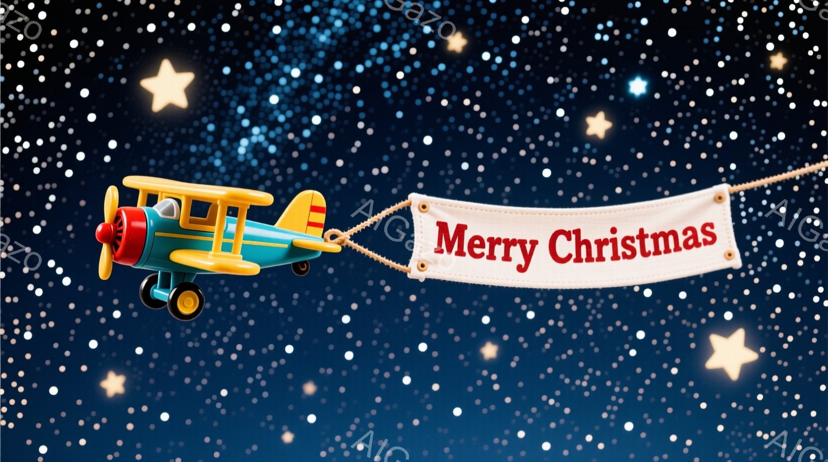 深い青色の背景に、レトロな水色とオレンジ色の双発機が描かれています。飛行機は「メリークリスマス」と書かれた白いバナーを牽引しており、周りには様々な大きさの星が散りばめられています。 全体的に、夜空を飛 - AI生成フリー素材