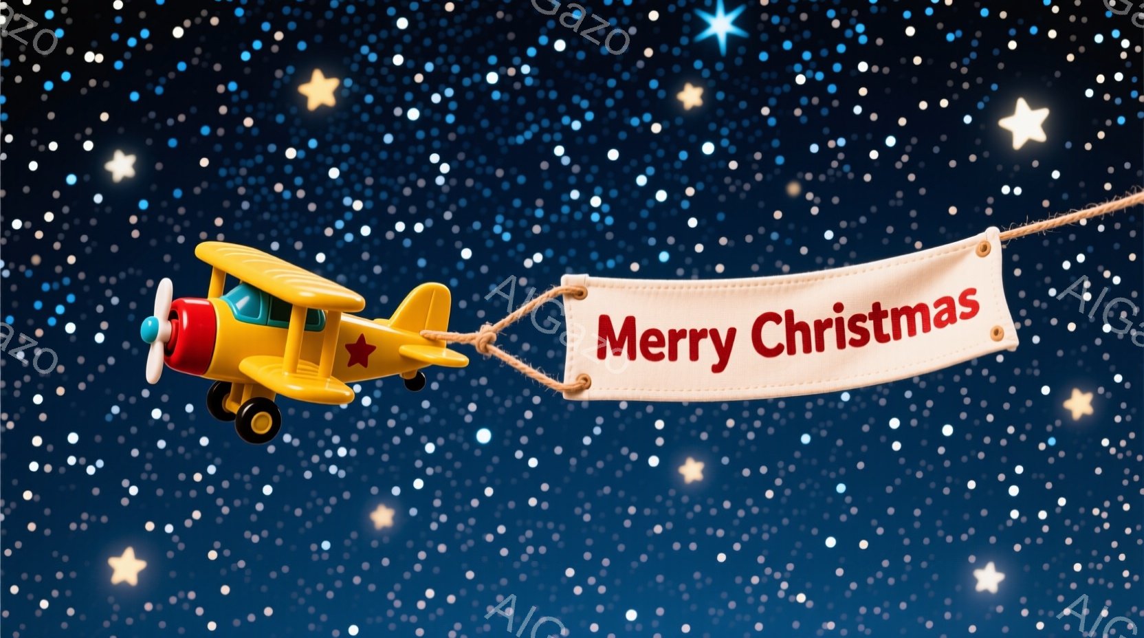鮮やかな青色の背景に、無数の白い星が輝いています。オレンジ色の小型飛行機が、白いバナーを引っ張っており、バナーには赤い文字で「Merry Christmas」と書かれています。全体的に、ファンタジーで - AI生成フリー素材