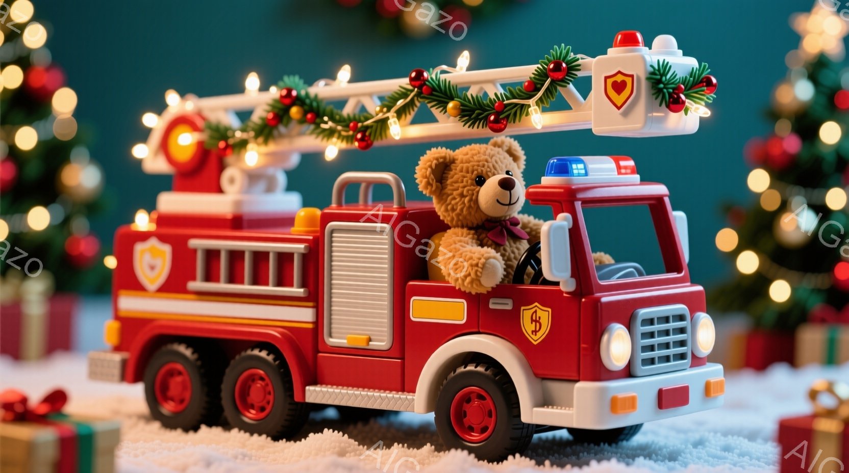 真っ赤な消防車のおもちゃに、ふわふわの茶色のテディベアが運転席に座っています。背景には、ぼやけたクリスマスツリーやプレゼントボックス、そして雪景色が広がっており、温かく、お祝いムードに満ちた雰囲気です。消防車の上には、クリスマスリースが飾られ、季節感と可愛らしさを演出しています。