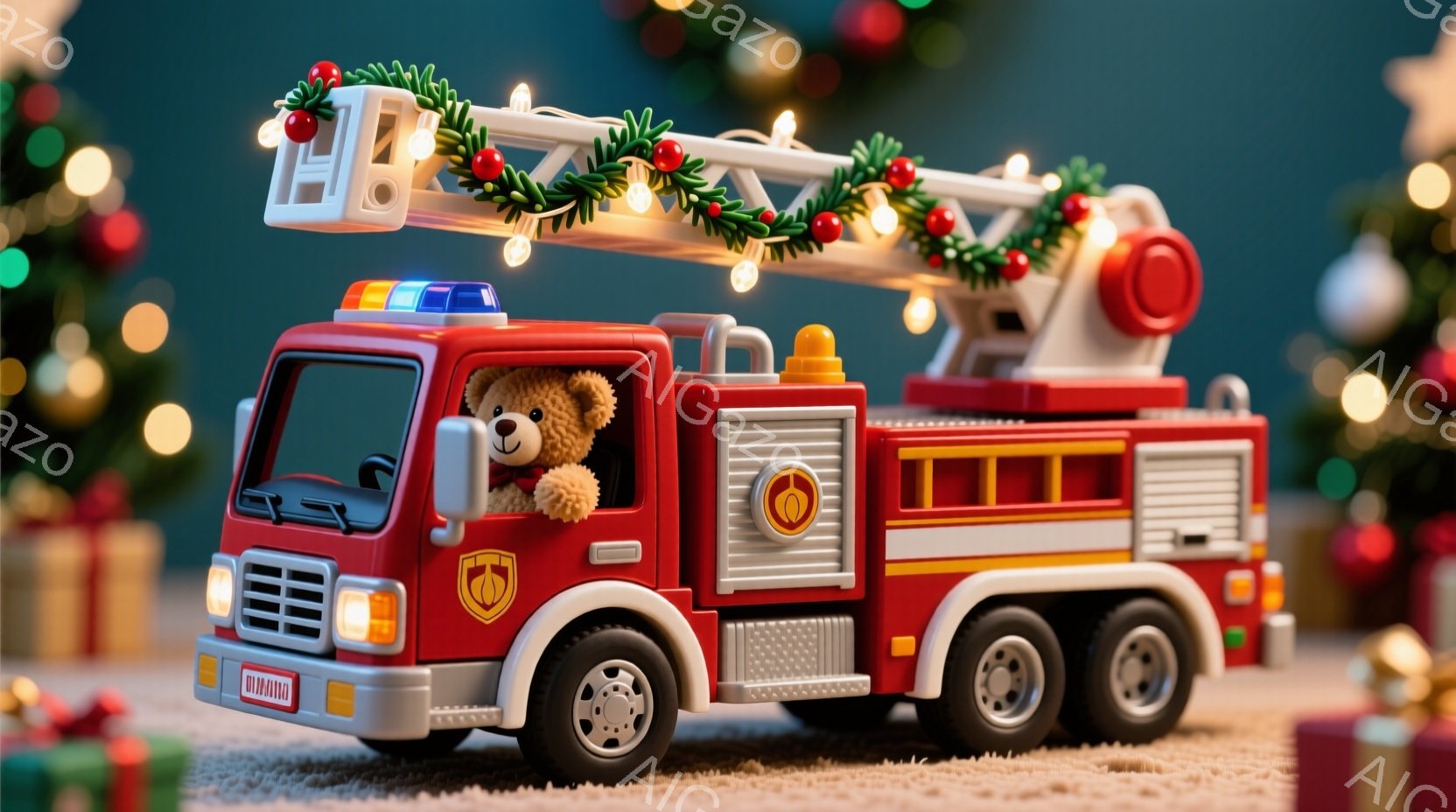 赤い大型の消防車のおもちゃが写っており、運転席には可愛らしい茶色のテディベアが座っています。背景にはぼやけたクリスマスツリーとプレゼントの箱が見え、消防車の梯子にはクリスマスリースが飾られています。全 - AI生成フリー素材