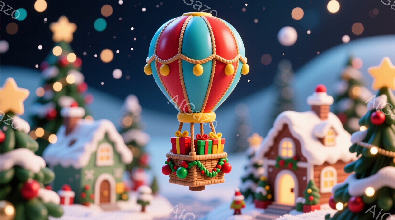 雪が降るファンタジーな村の風景で、赤と緑のストライプのホットエアバルーンが描かれています。バルーンの下には、リボンで飾られたプレゼントの山があり、可愛らしい家々やクリスマスツリーが背景に並んでいます。 - AI生成フリー素材