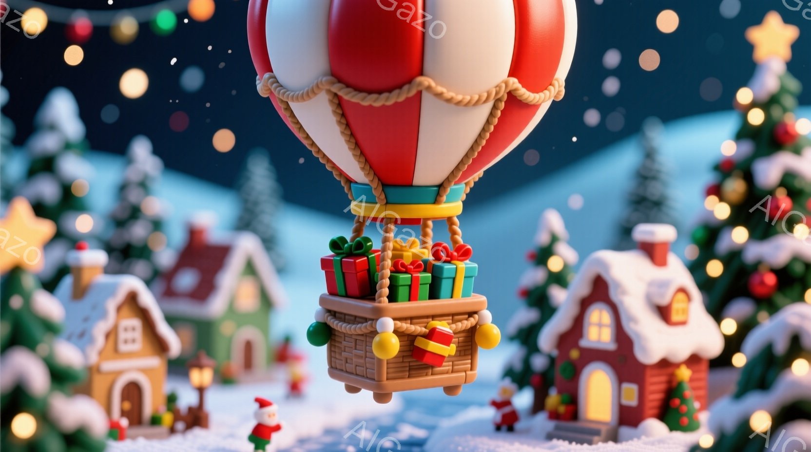 雪景色の中に、カラフルなプレゼントが詰まった籠を持つ赤い熱気球が浮かんでいる。背景には、雪で覆われた可愛らしい家々やクリスマスツリーが並び、クリスマスの飾り付けがされている。全体的に暖かく、お祝いの雰 - AI生成フリー素材