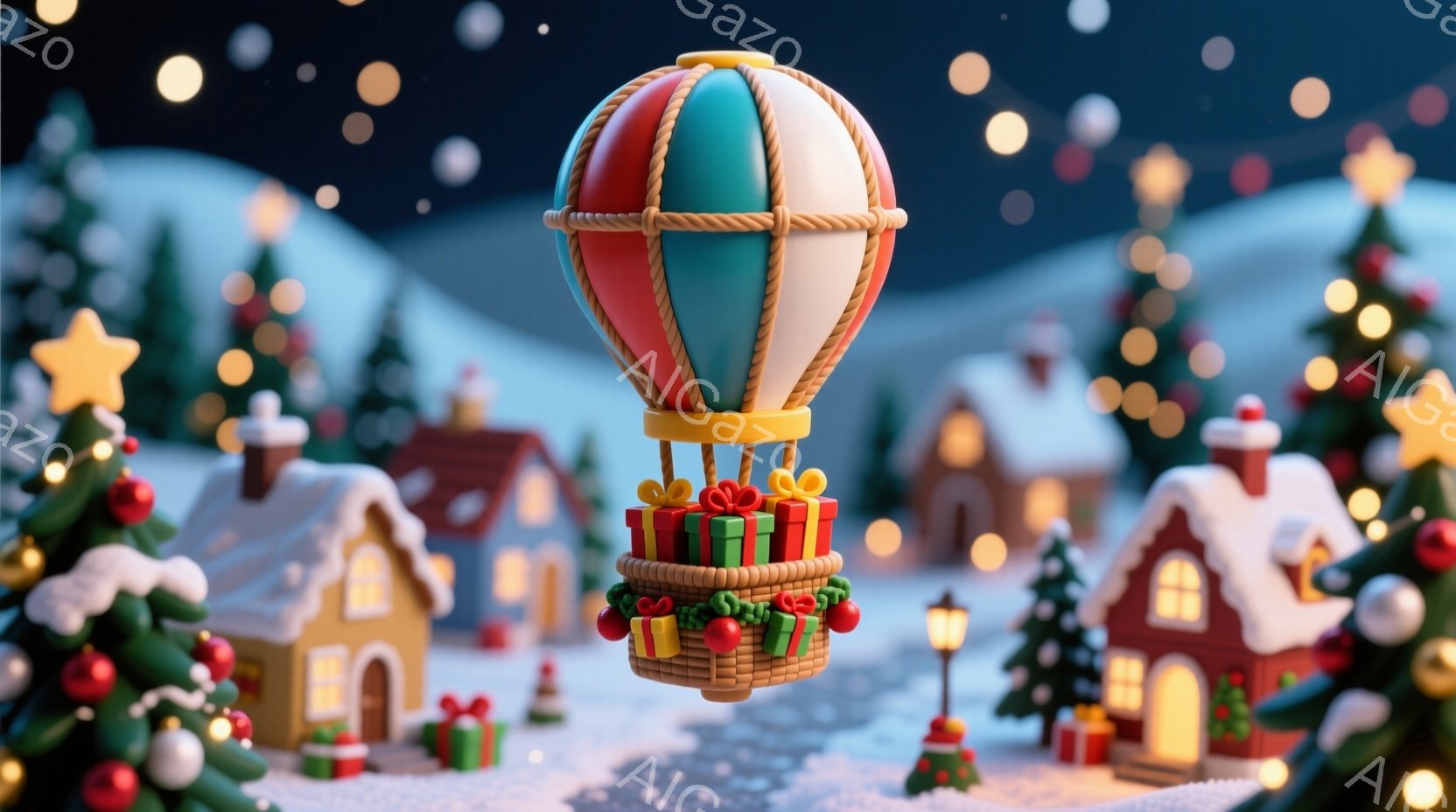 雪が降る夜、カラフルなプレゼントでいっぱいのバスケットを吊るした赤い熱気球が、雪に覆われた可愛らしい家々の間を漂っている。家々は灯りが灯っており、クリスマスの飾り付けが施された緑の木々が周囲を取り囲み - AI生成フリー素材