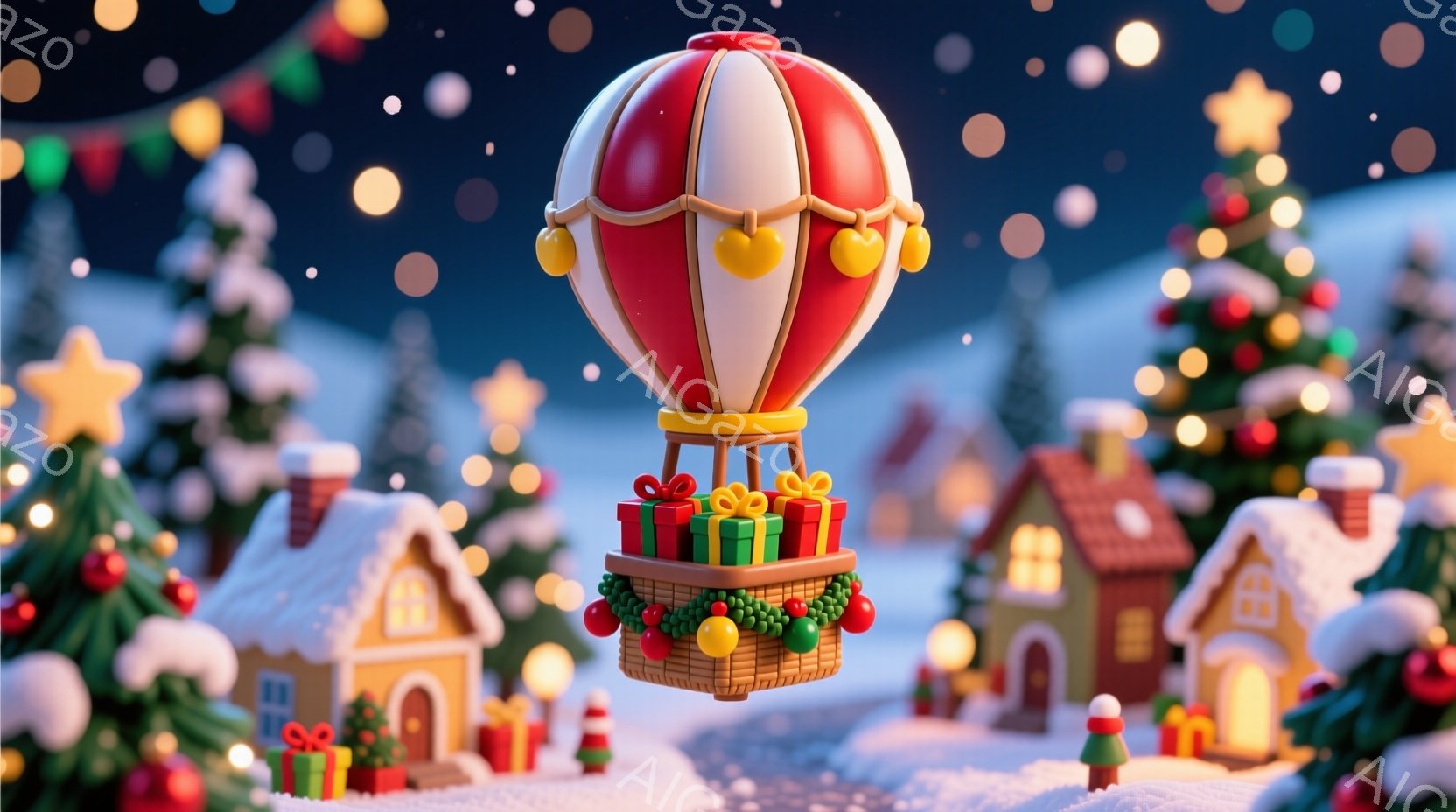 雪が降り積もる幻想的なクリスマスの風景が描かれています。赤いストライプと白を基調としたホットエアバルーンが、プレゼントの箱を積んだ籠と共に空中に浮かび、可愛らしい家々が雪景色の中に並んでいます。全体的 - AI生成フリー素材