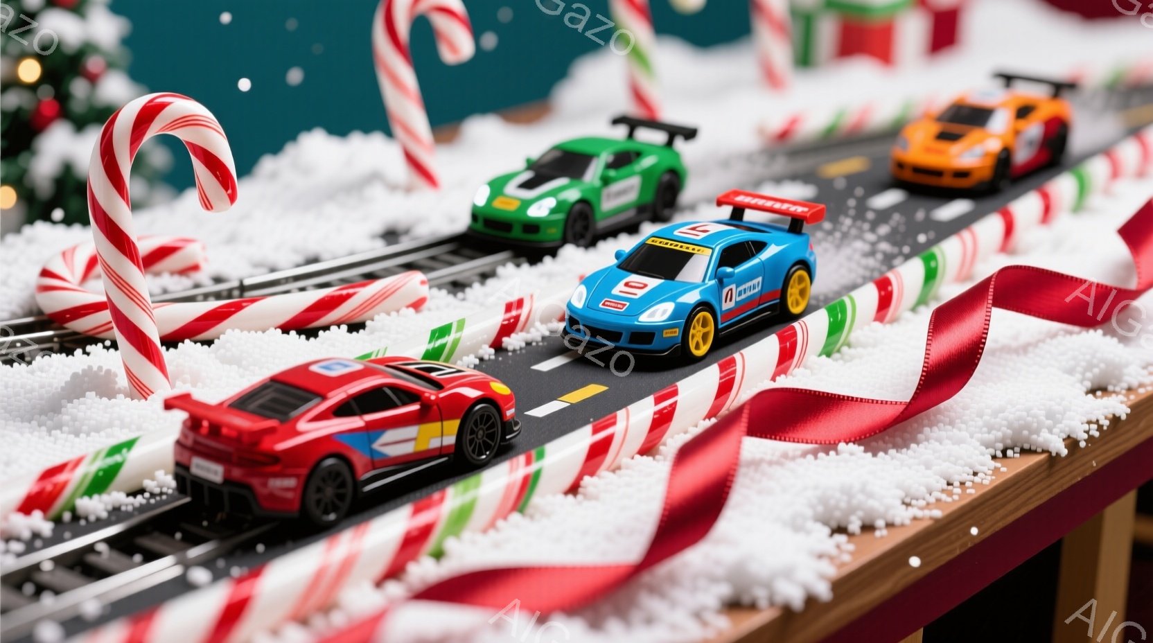 玩具のレーシングカーが雪のような白い装飾とキャンディケーンに囲まれたミニチュアのサーキットを疾走している様子が写っている。背景はぼやけており、おそらくクリスマスツリーやその他のホリデードコレーションがわずかに見える。全体的に、遊び心があり、お祝いムードにあふれた冬の光景である。