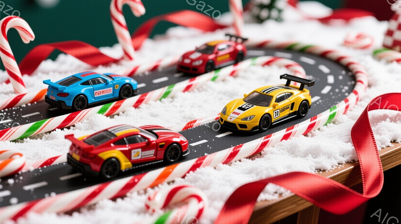 カラフルなレーシングカーが、キャンディケーンと砂糖で作られたコース上を走っている様子が写っています。コースは、白く砂糖で覆われたテーブルの上にあり、背景にはぼやけた緑色のものがわずかに見えます。全体的 - AI生成フリー素材
