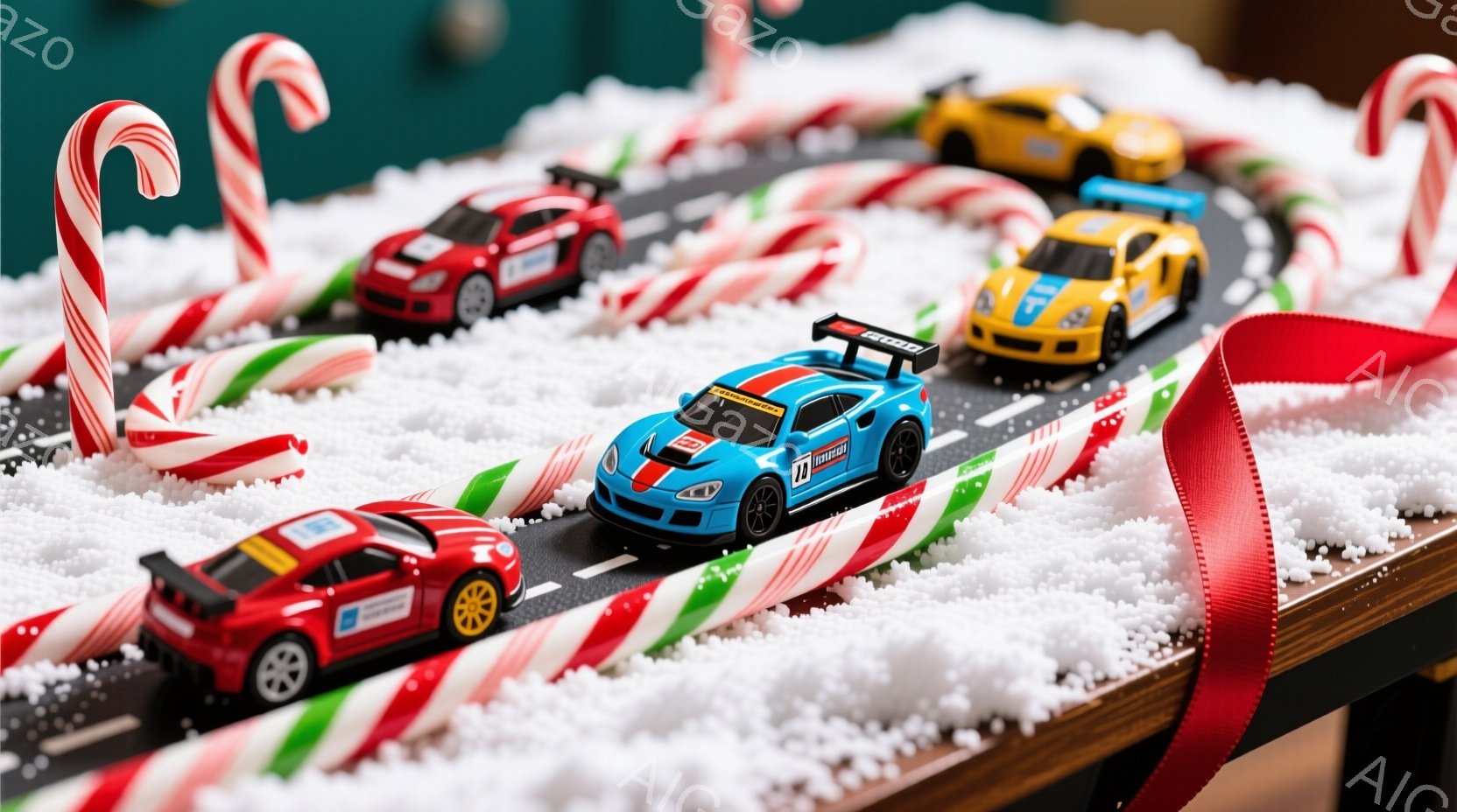 雪のような白い粉で覆われた赤いリボンが敷かれた背景に、おもちゃのレーシングカーが並んでいる様子を捉えています。青い車には「11」の数字が大きく描かれ、他の車も鮮やかな色合いで、まるでレースの準備をして - AI生成フリー素材