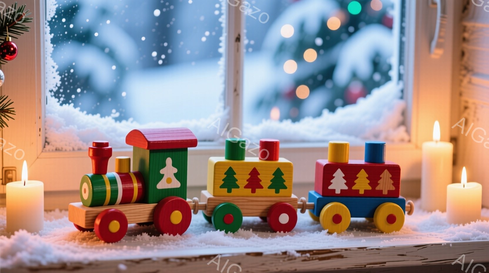 雪が降る窓辺に、カラフルな木製の列車が並んでいます。列車は赤、緑、青の車輪を持ち、各車両には異なるデザインの木製ブロックが積み重ねられています。背景にはぼやけたクリスマスツリーと、点灯したキャンドルが - AI生成フリー素材