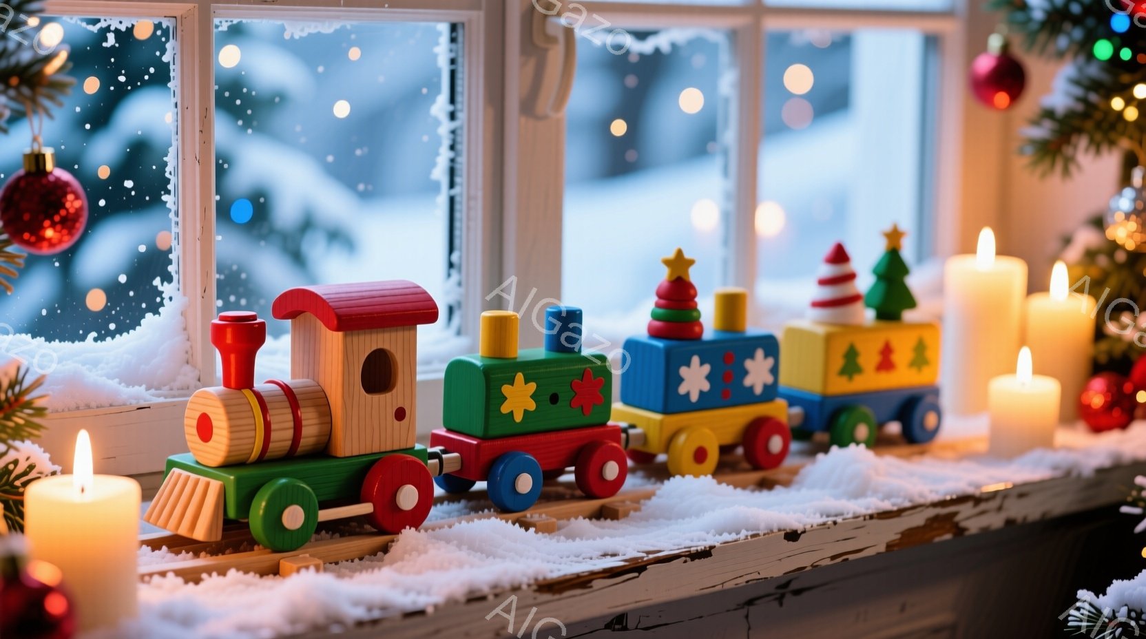 白い雪が降る窓辺に、カラフルな木製電車のおもちゃが並べられています。暖かく光るキャンドルと、背景のぼんやりとした雪景色が、温かくロマンチックな冬の雰囲気を演出しています。おもちゃの電車はそれぞれ異なる - AI生成フリー素材