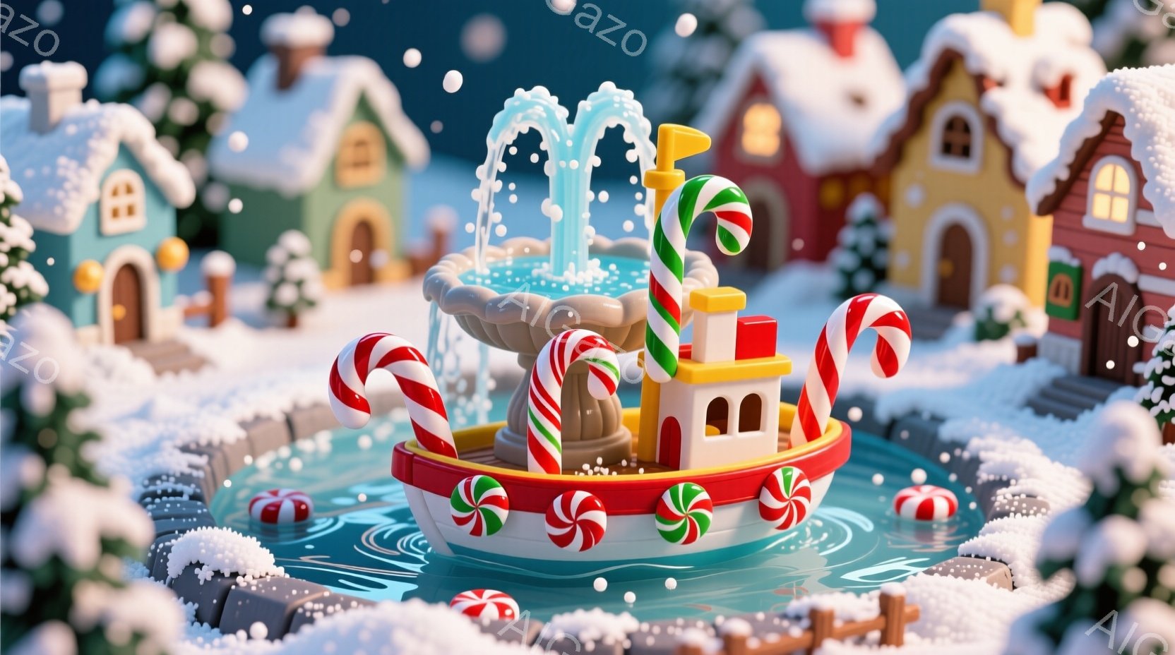 雪が舞うファンタジーな風景の中に、キャンディケーンで飾られた可愛らしい船型の噴水が中央にあります。背景には、雪で覆われたカラフルな家々が並び、全体的に暖かく、お祝いのような雰囲気が漂っています。水面に - AI生成フリー素材