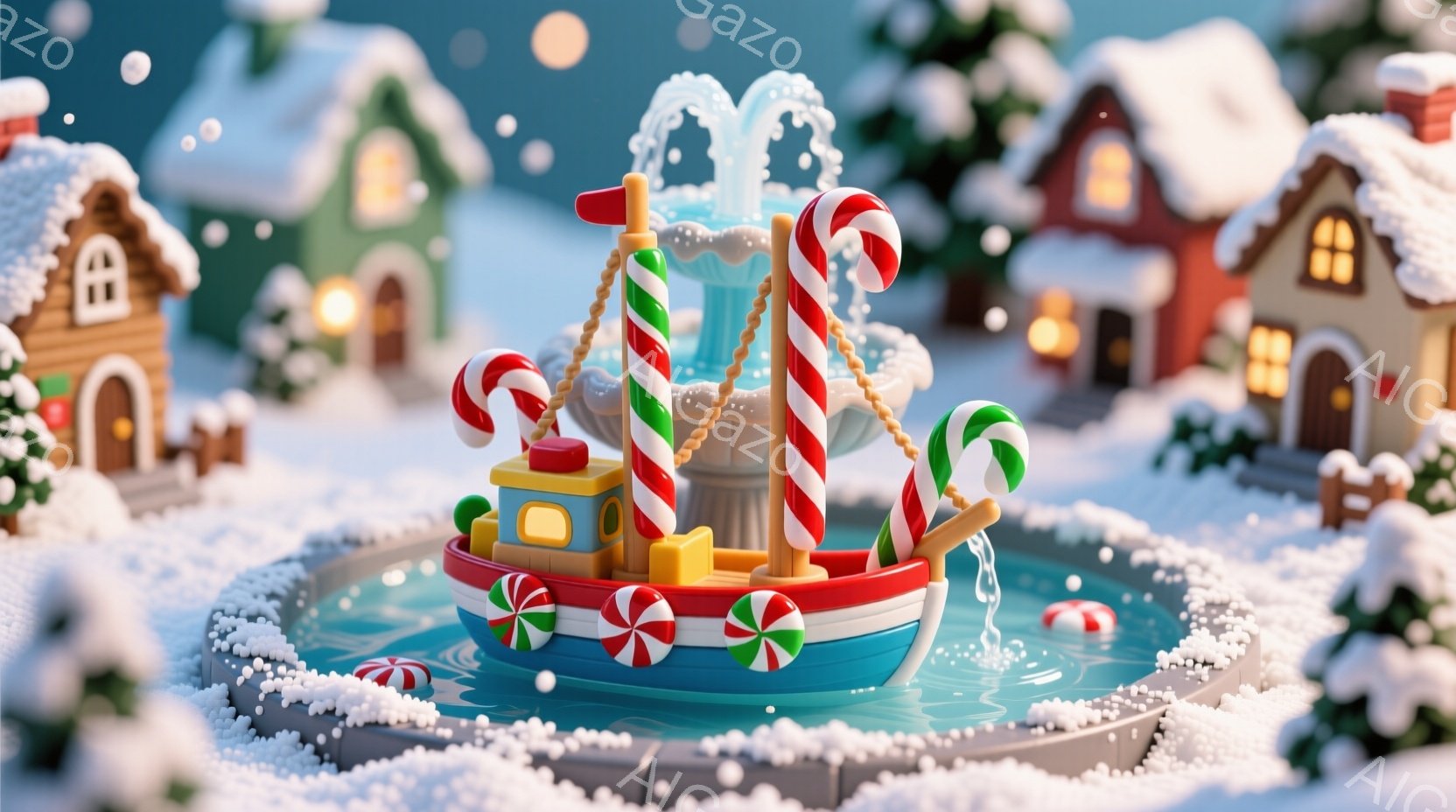 雪が降り積もるファンタジーな冬の風景の中に、キャンディケーンが飾られた可愛らしい船型の噴水が中央にあります。背景には、雪化粧した屋根と温かい光を灯した可愛らしい家々が並び、クリスマスの雰囲気を醸し出しています。全体的に、暖かく、夢のような、お菓子の国のような雰囲気が漂っています。
