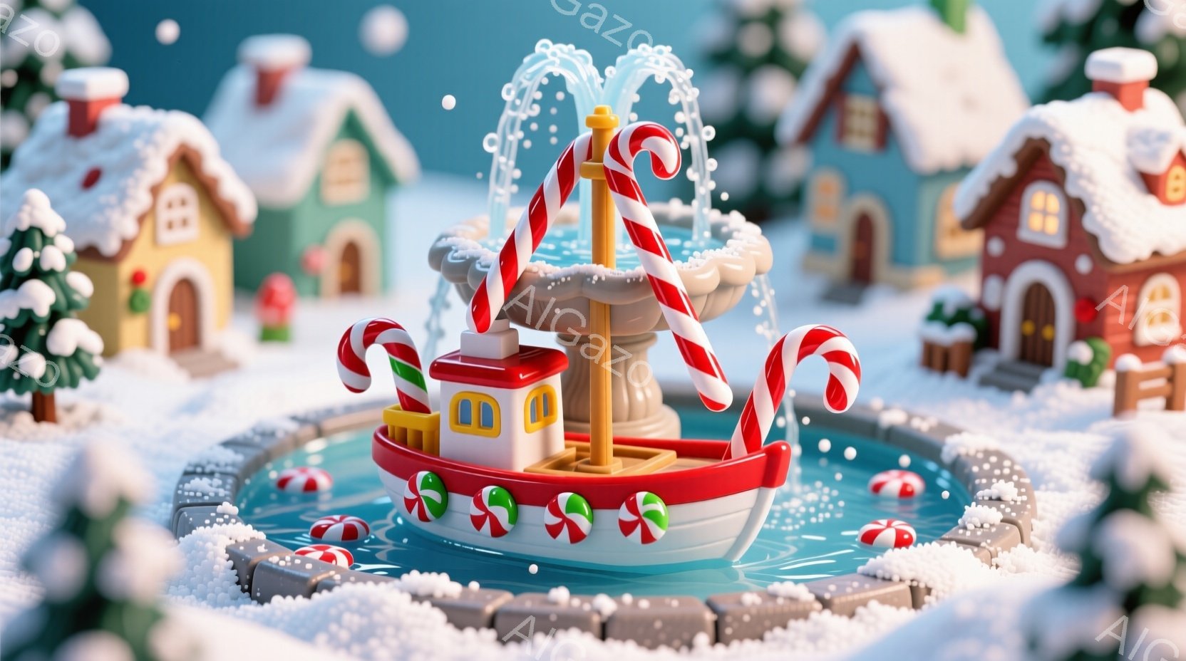 雪景色の中で、お菓子のような可愛らしい噴水が中央にあります。赤い船が噴水の中心に浮かび、キャンディケーンがマストのように立っており、周囲にはペパーミントキャンディが散りばめられています。背景には、雪を - AI生成フリー素材