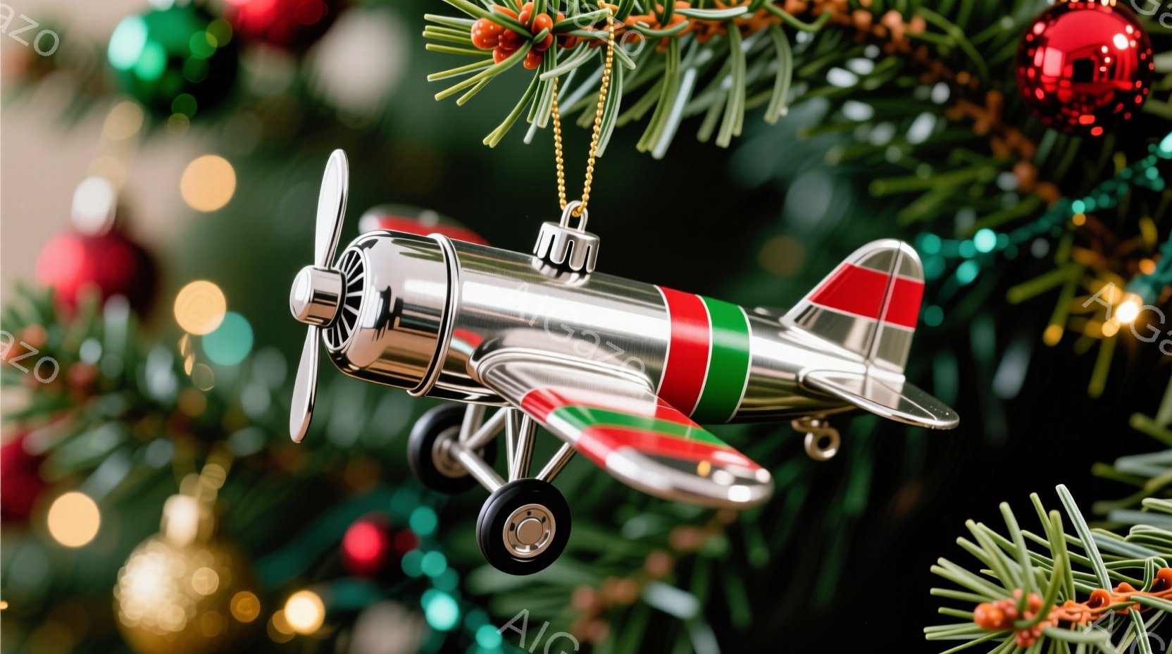 鮮やかなクリスマスツリーの中に、銀色の小型飛行機型のオーナメントが吊り下げられています。機体は赤と緑のストライプが施され、プロペラが特徴的です。背景には緑色の葉と、ぼやけた色のクリスマスオーナメントが散りばめられ、華やかなクリスマスの雰囲気を醸し出しています。