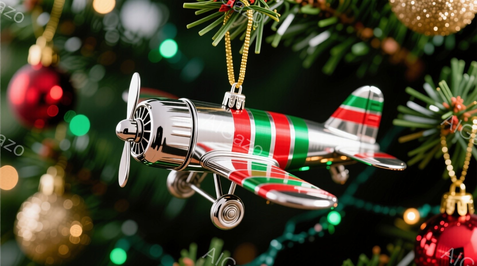 クリスマスツリーの装飾として、銀色のビンテージ風飛行機のおもちゃが描かれています。機体には赤と緑のストライプが施され、プロペラが回転しているように見えます。背景には緑色のクリスマスツリーの葉と、ぼやけた装飾が散りばめられており、華やかで祝祭的な雰囲気を醸し出しています。