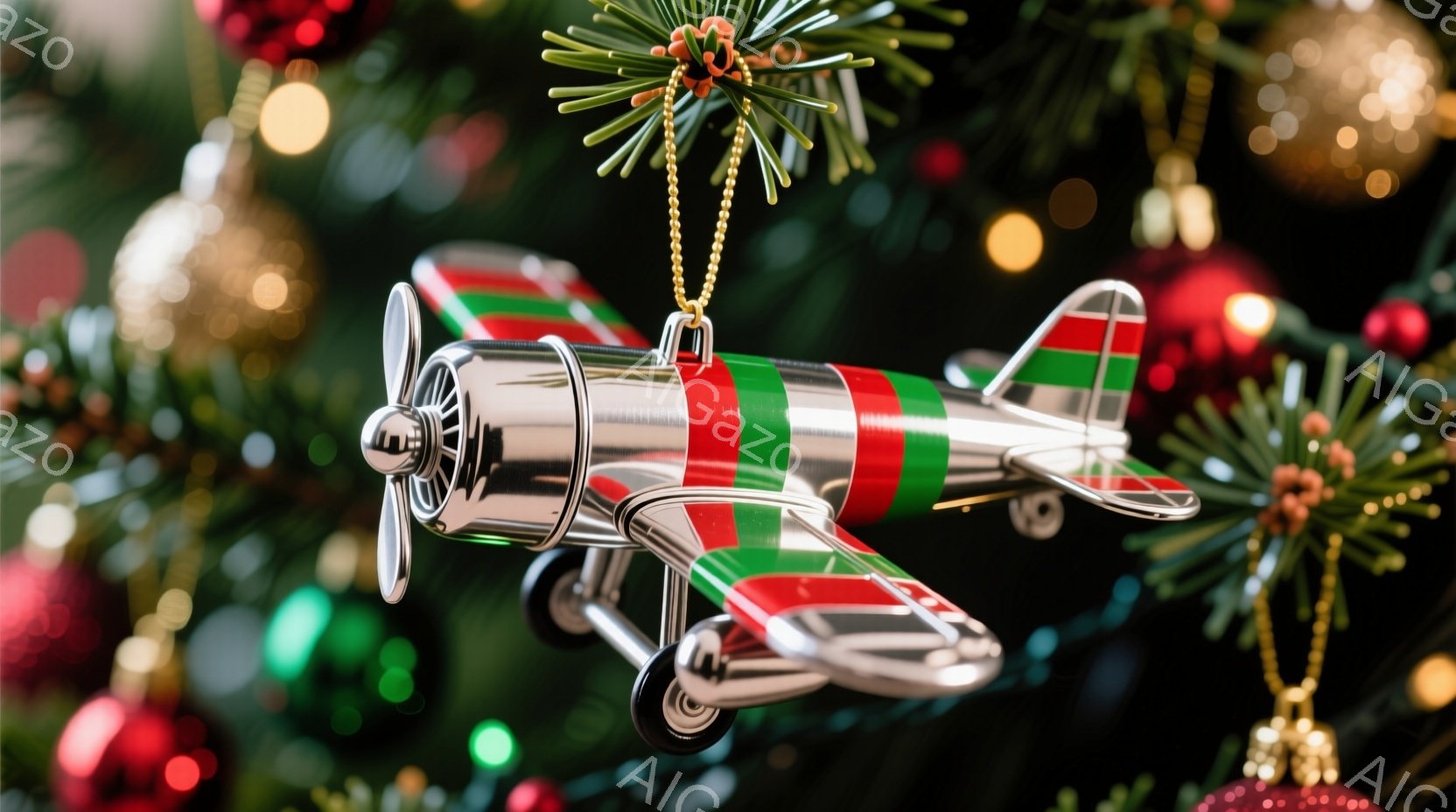 鮮やかな緑と赤のストライプが特徴的な、銀色のミニチュア飛行機が、クリスマスの飾り付けの中に吊り下げられています。飛行機はプロペラが回転しているように見え、黒いタイヤで支えられています。背景には、緑色の葉と、様々な色のクリスマスオーナメントがぼやけており、華やかなホリデーの雰囲気を醸し出しています。
