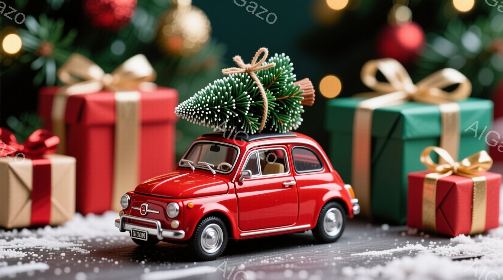 赤いミニカーがクリスマスの緑の木を積んでおり、背景にはラッピングされたプレゼントの箱が積み重ねられています。雪が地面に散らばっており、暖かくお祝いムードを醸し出しています。全体的に、ホリデーシーズンを - AI生成フリー素材