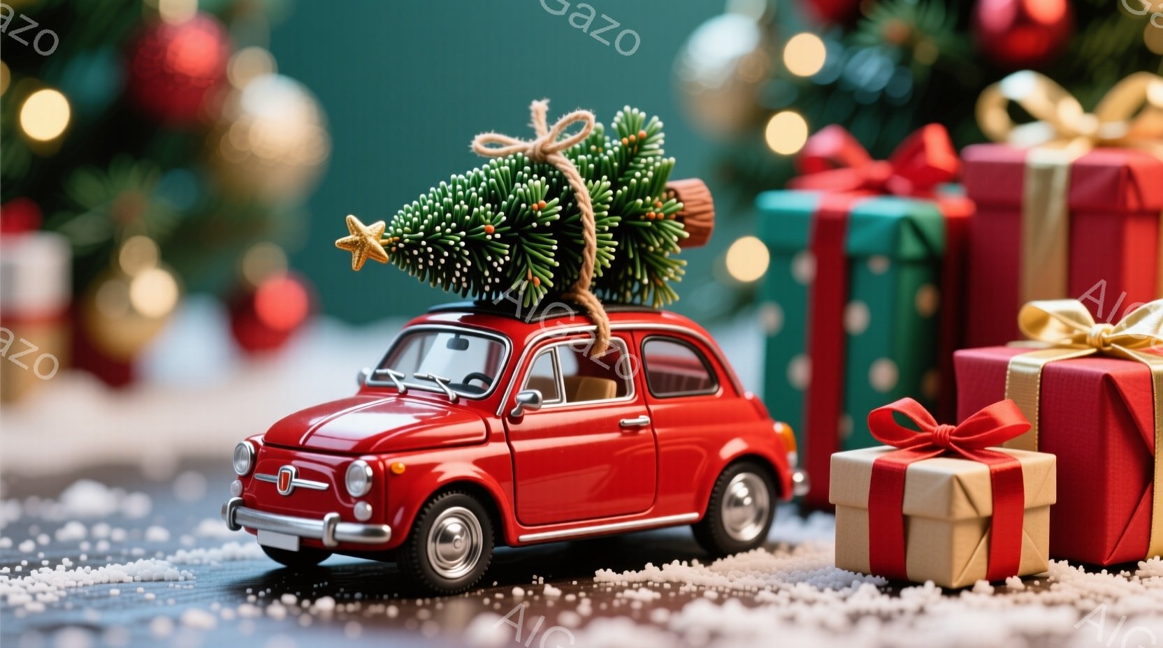 真っ赤な小さな車が、クリスマスの飾り付けられた小さなクリスマスツリーを乗せています。背景には、様々な色の包装されたプレゼントが積み重ねられ、雪が降っているように見える背景が広がっています。全体的に、暖 - AI生成フリー素材