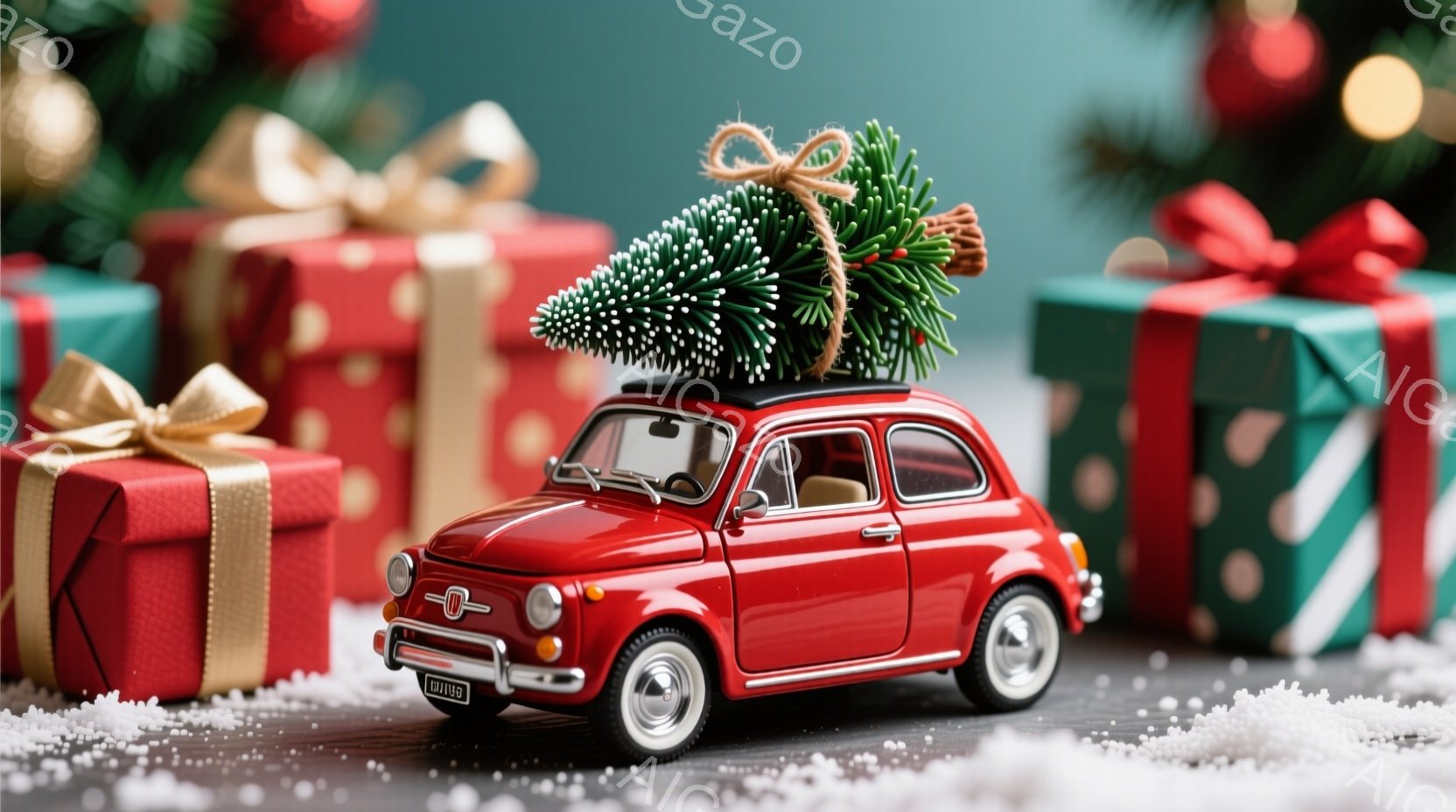 真っ赤な小型車が、クリスマスツリーを積んでプレゼントの山に囲まれています。背景は暗いグレーで、プレゼントは赤と緑の包装紙で飾られ、雪のようなものが散りばめられています。全体的に、温かく、お祝いの雰囲気 - AI生成フリー素材