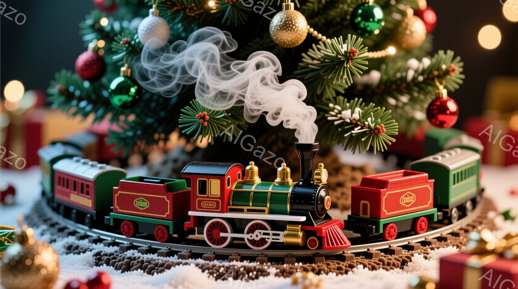 クリスマスツリーを背景に、赤い緑色の列車が線路を走っている様子が写っています。列車は蒸気を上げながら、プレゼントやオーナメントに囲まれた雪の風景の中を走っており、お祝いの雰囲気が漂います。全体的に温か - AI生成フリー素材