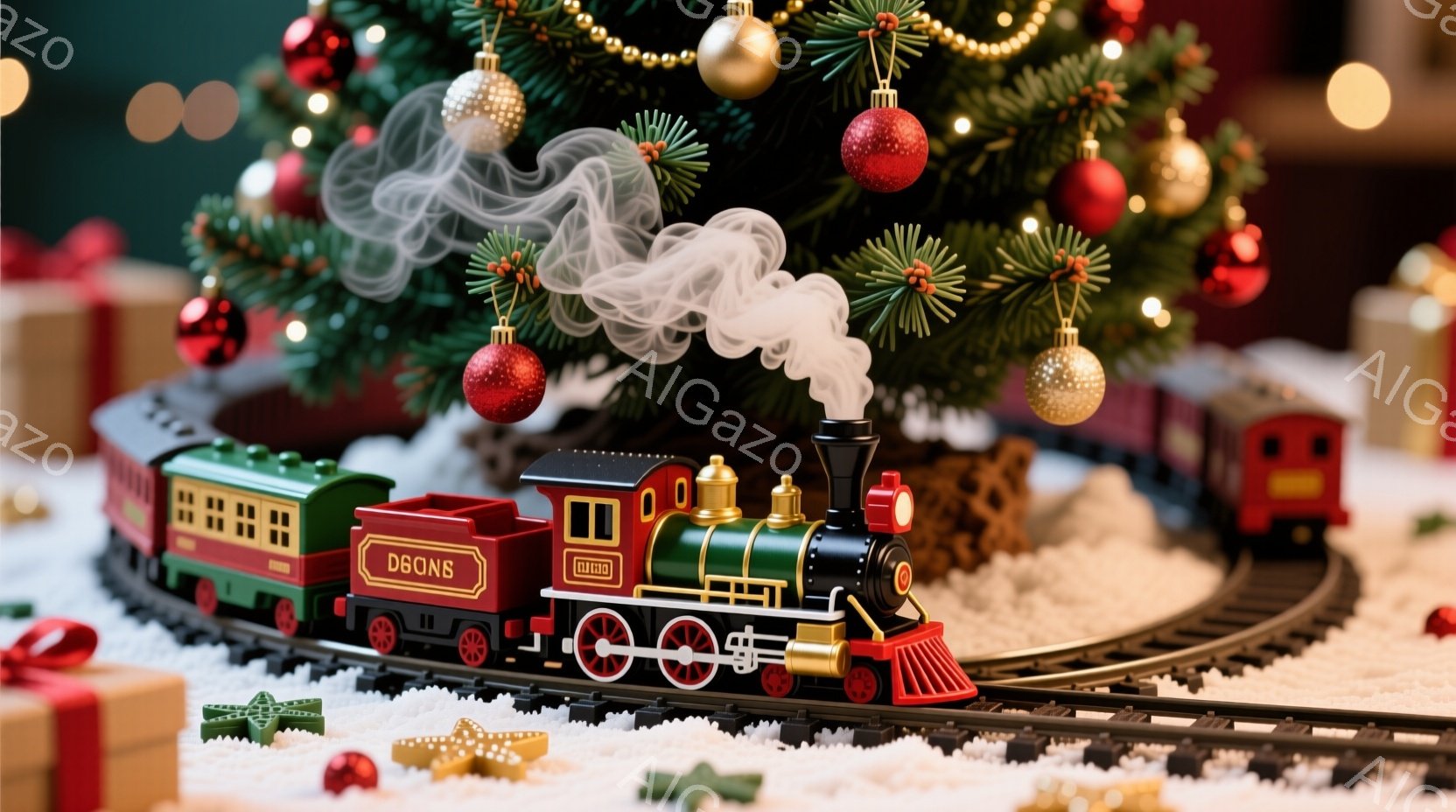 クリスマスツリーを背景に、緑と赤の小さな蒸気機関車が雪の敷かれた線路を走っています。機関車からは白い煙が立ち上り、線路の周りにはカラフルなプレゼントボックスが置かれています。暖かく、お祝いの雰囲気で、 - AI生成フリー素材