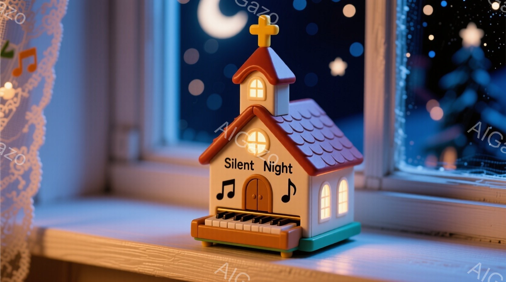 窓辺に置かれた、クリスマスの装飾品である教会の模型が写っている。オレンジ色の屋根と白い壁を持つこの模型には、楽譜と音符が描かれており、「Silent Night」と書かれている。背景は夜空で、星と月が輝き、全体的に暖かく、静かで、お祝いの雰囲気を感じさせる。