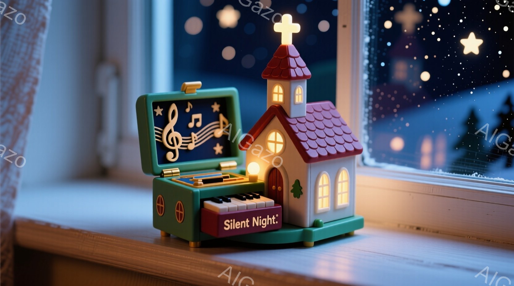 白い窓枠に置かれた、クリスマスをテーマにした音楽ボックスが写っている。ピンク色の屋根と明るい窓を持つ可愛らしい家型のデザインで、開くと鍵盤と楽譜が表示される。背景には、星空が広がり、冬の夜の静かで幻想 - AI生成フリー素材