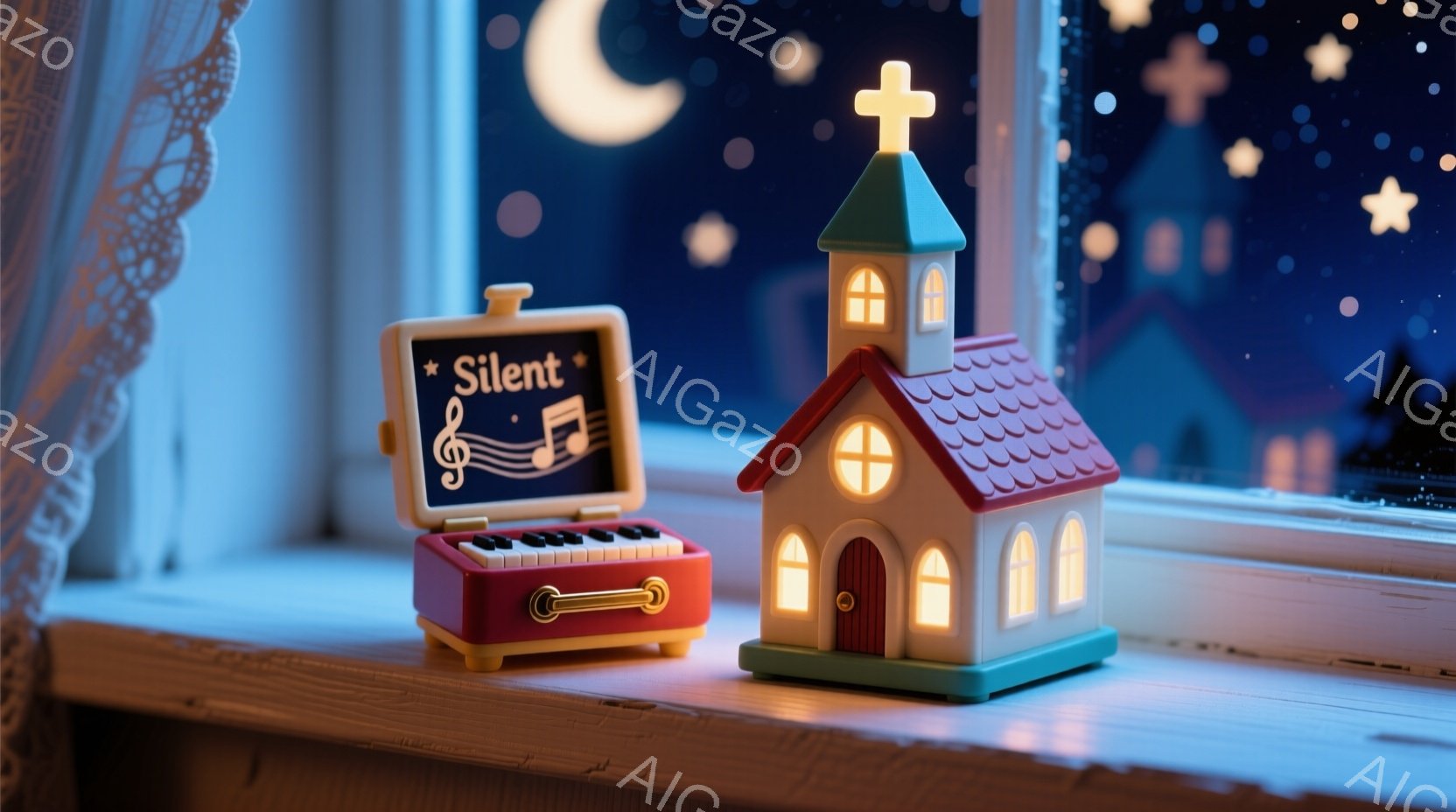 窓辺に、小さなオルゴールと可愛らしい教会の模型が置かれています。オルゴールは赤色で、楽譜が描かれた小さな黒板がついており、教会は白と水色のストライプで装飾され、内部が温かい光で照らされています。背景は夜空で、星が輝き、遠くにはシルエットの建物が見え、穏やかで幻想的な雰囲気を醸し出しています。