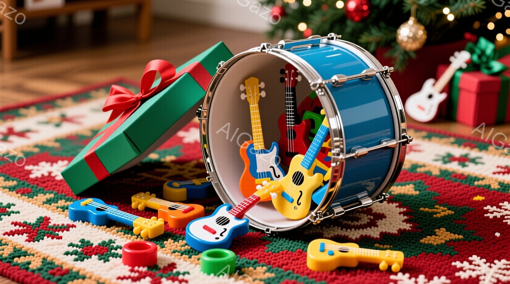 カラフルな玩具の楽器が、赤い、緑、白のストライプが特徴的なカーペットの上に散らばっています。ドラムセットを中心に、複数のウクレレやギターのおもちゃが配置され、緑色のリボンで結ばれたプレゼントがドラムの横に置かれています。背景には、ぼやけたクリスマスツリーが見え、お祝いムードを醸し出しています。
