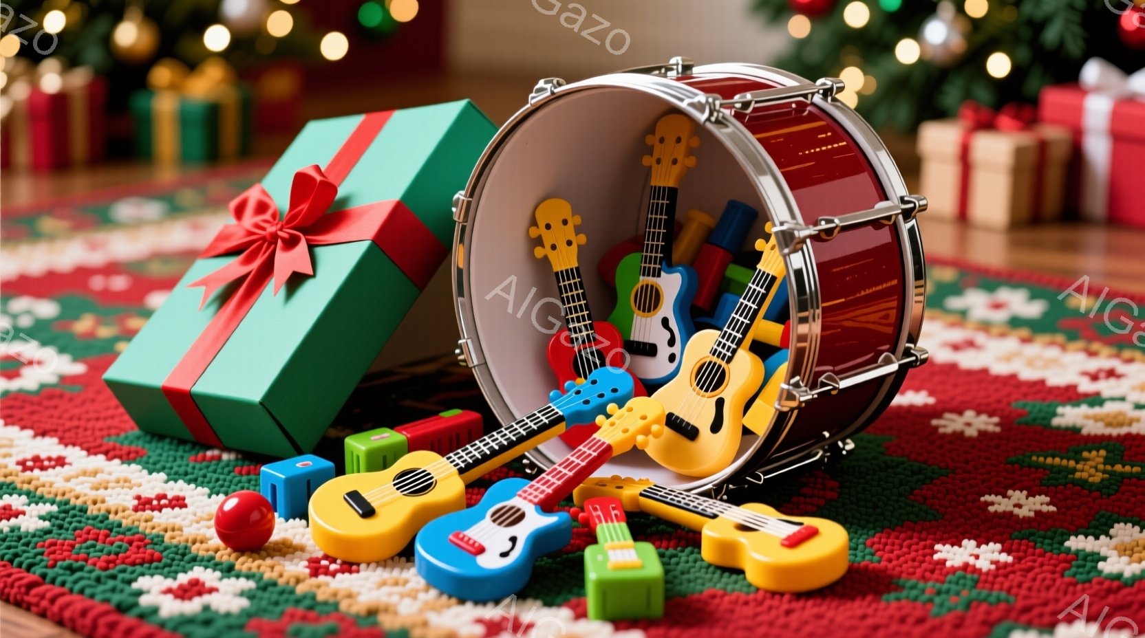 赤い絨毯の上に、緑色のリボンで結ばれたプレゼントと、様々な色の子供用ギターとドラムセットが散らばっている。ドラムセットは横倒しになり、ギターはドラムの中や周りに置かれている。背景には、ぼやけたクリスマ - AI生成フリー素材