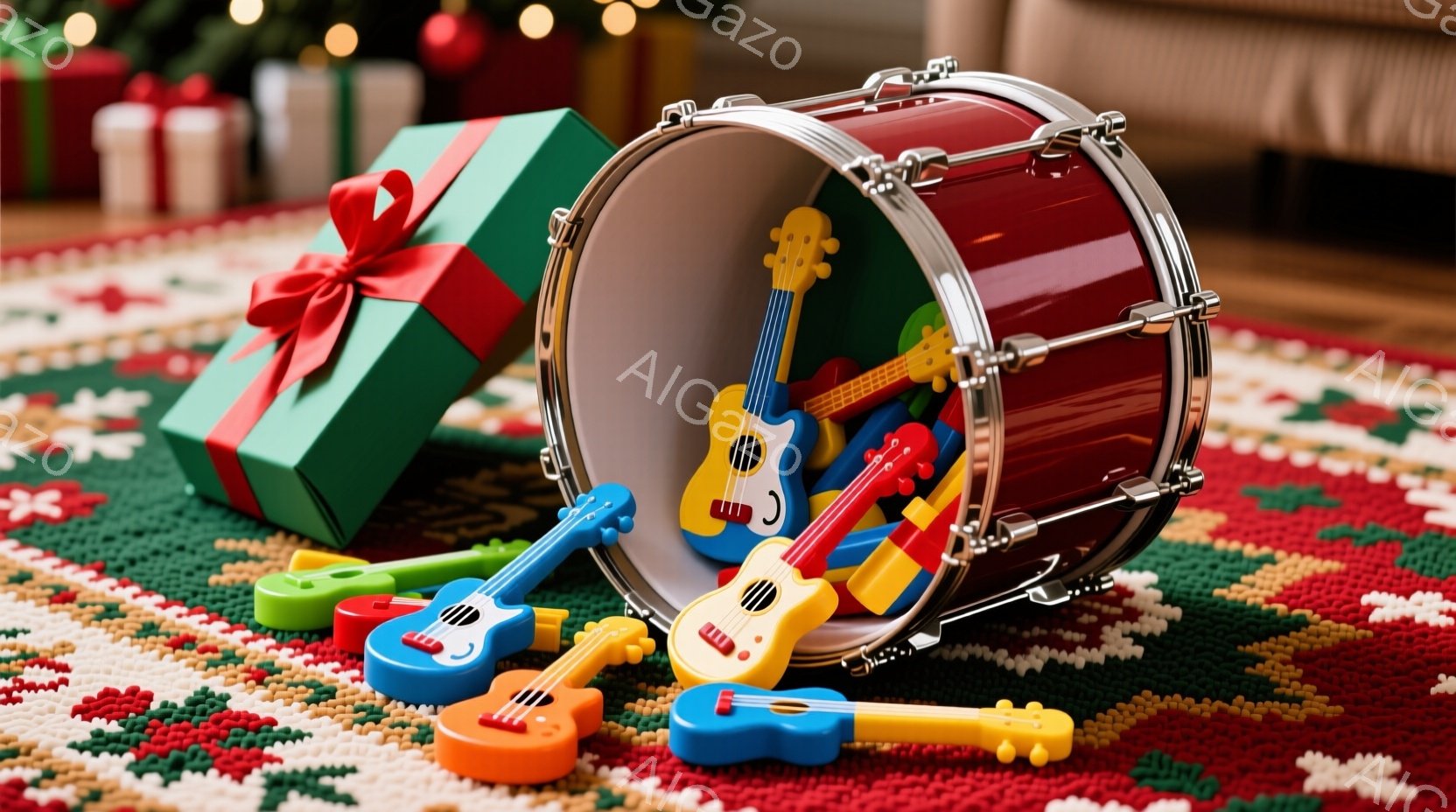 赤い絨毯の上に、子供用のウクレレのおもちゃがいくつか散らばっており、大きな赤いドラム缶が横倒しになっています。ドラム缶からはカラフルなウクレレが飛び出しており、背景には緑色の包装紙で包まれたリボン付き - AI生成フリー素材