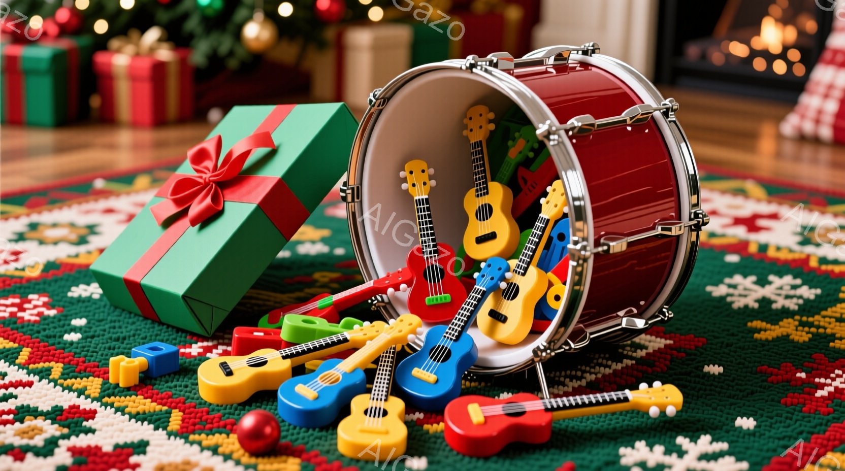 クリスマスツリーの足元に、カラフルなウクレレのおもちゃがドラムセットから溢れ出している様子が描かれています。プレゼントの箱がウクレレのそばに置かれ、背景には暖炉が見え、温かくお祝いムードを醸し出しています。全体的に明るく、お祭り気分満載の楽しい雰囲気です。