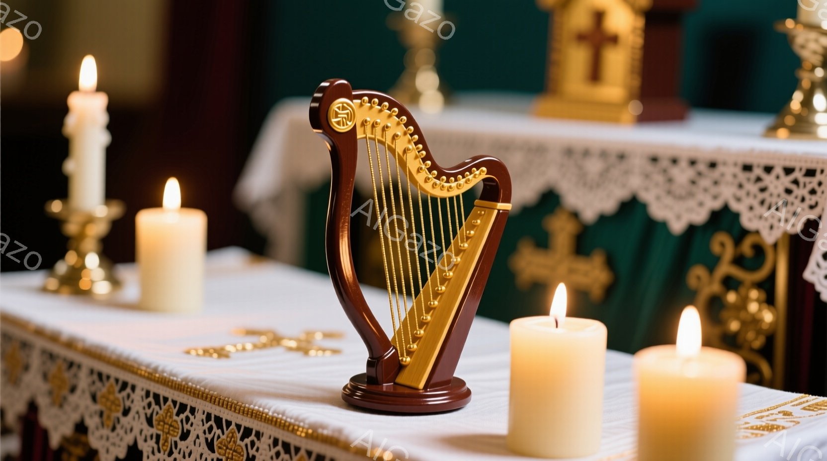 テーブルの上には、装飾的な模様が施された白いレースのクロスが広げられており、その上に小さなハープが置かれています。ハープの周りには、火が灯された白い柱状のキャンドルが2つ配置され、神聖な雰囲気を醸し出しています。背景には、十字架が飾られた緑色の布が確認でき、宗教的な儀式で使用される祭壇の一部であると考えられます。